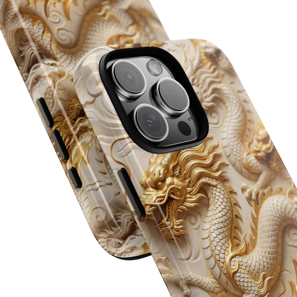 Custodia per iPhone con motivo a drago in rilievo — Custodia protettiva con drago intagliato in oro