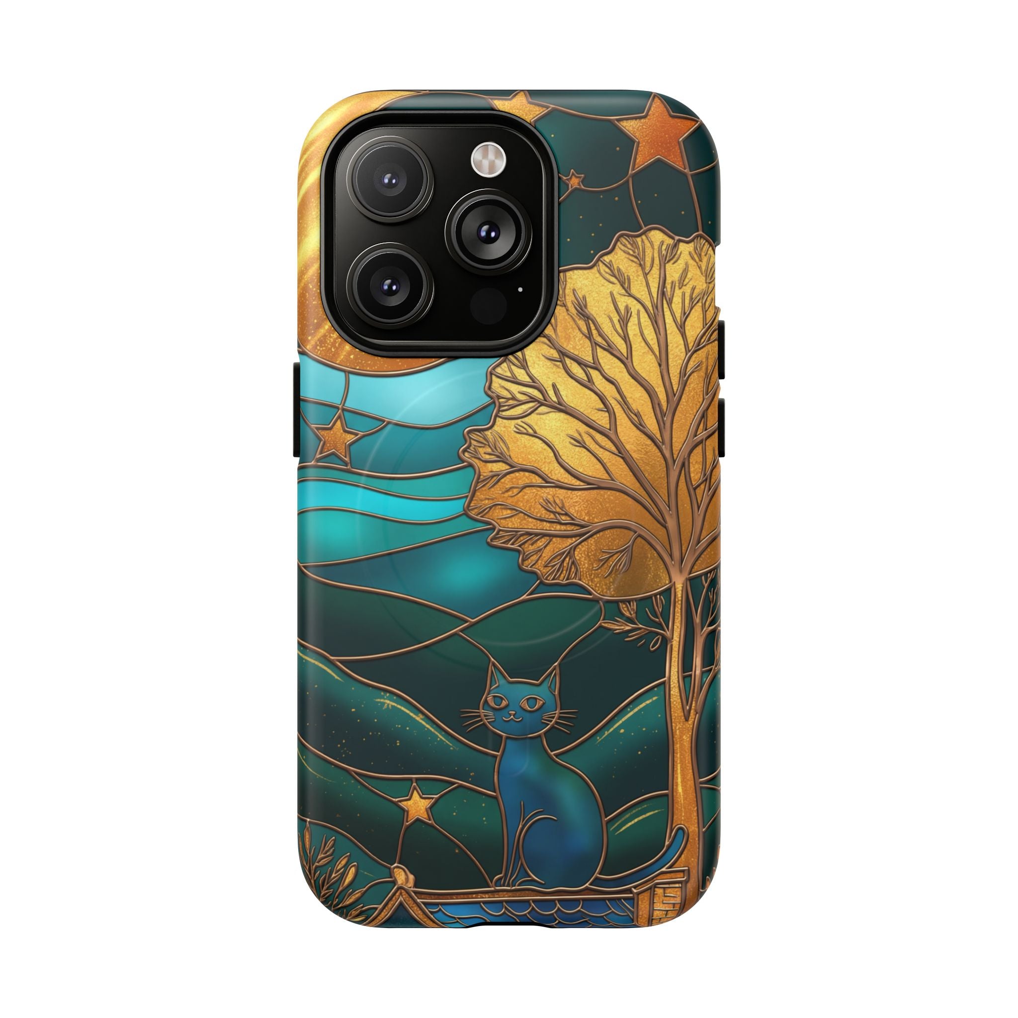 Art Nouveau Cat iPhone Case | Stained Glass Moon & Tree Tough MagSafe Case