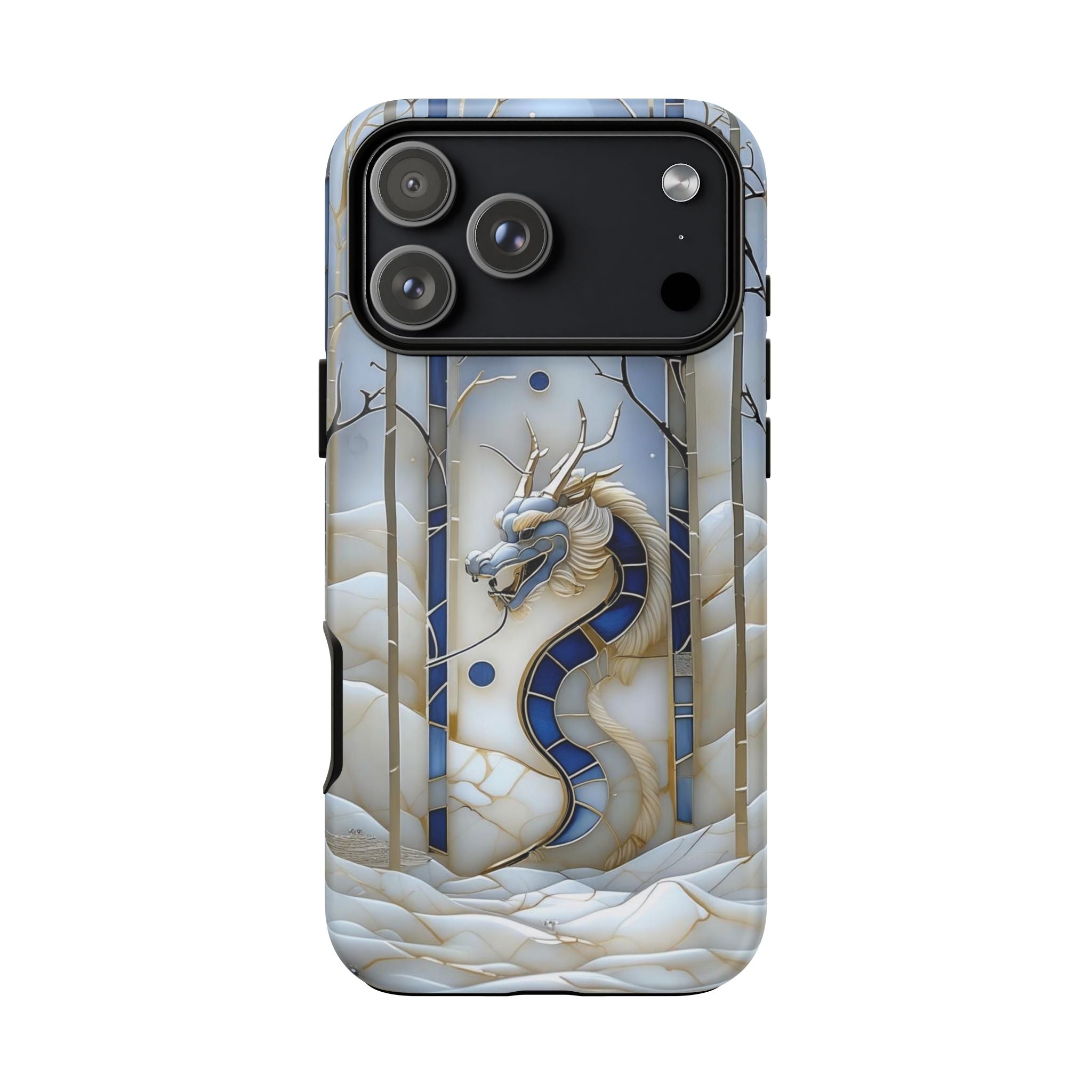 Dragon Stained Glass iPhone Case — Blue Winter Forest Protective Cover