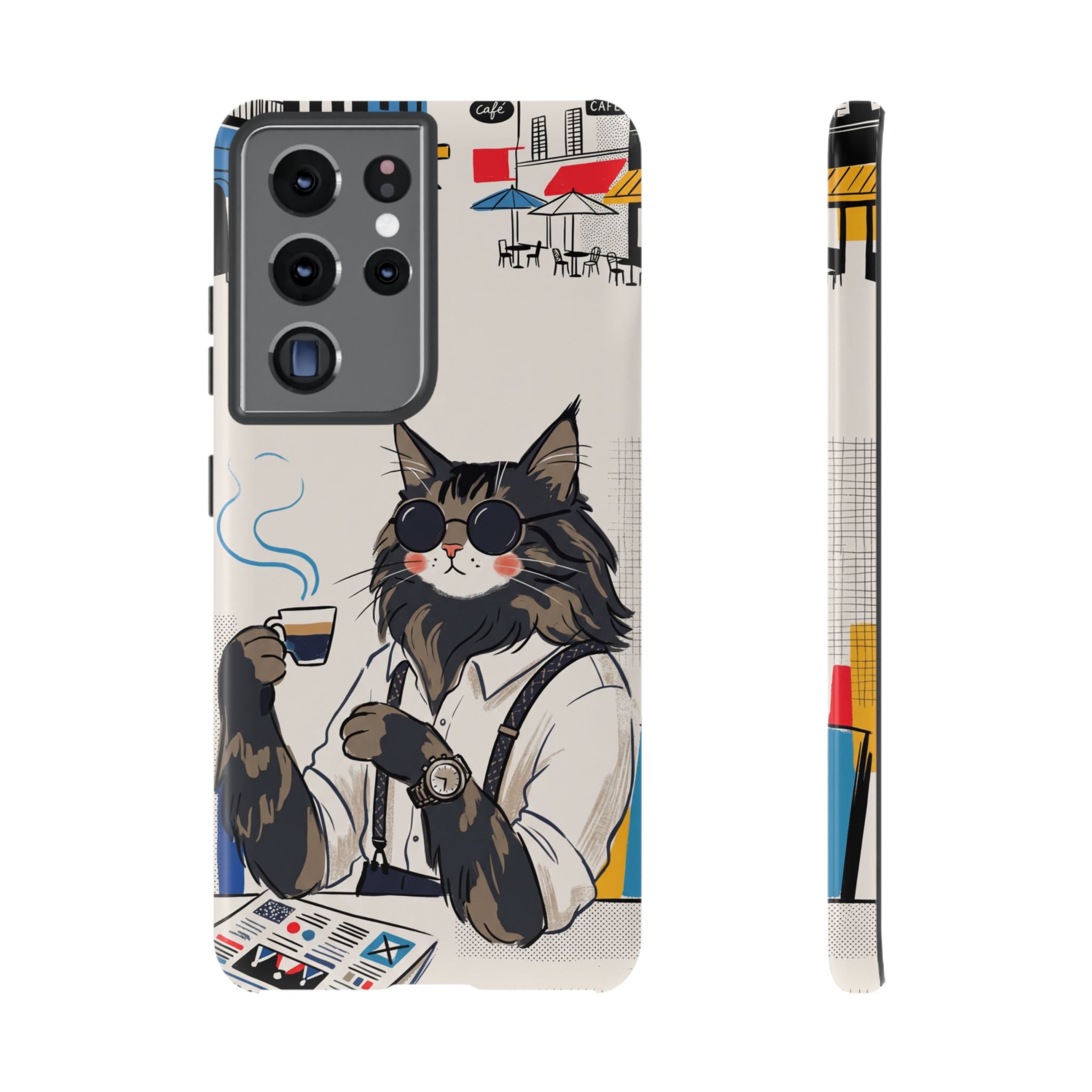 Cat Barista Samsung Galaxy Phone Case | Cool Cat in Sunglasses Coffee Shop Design