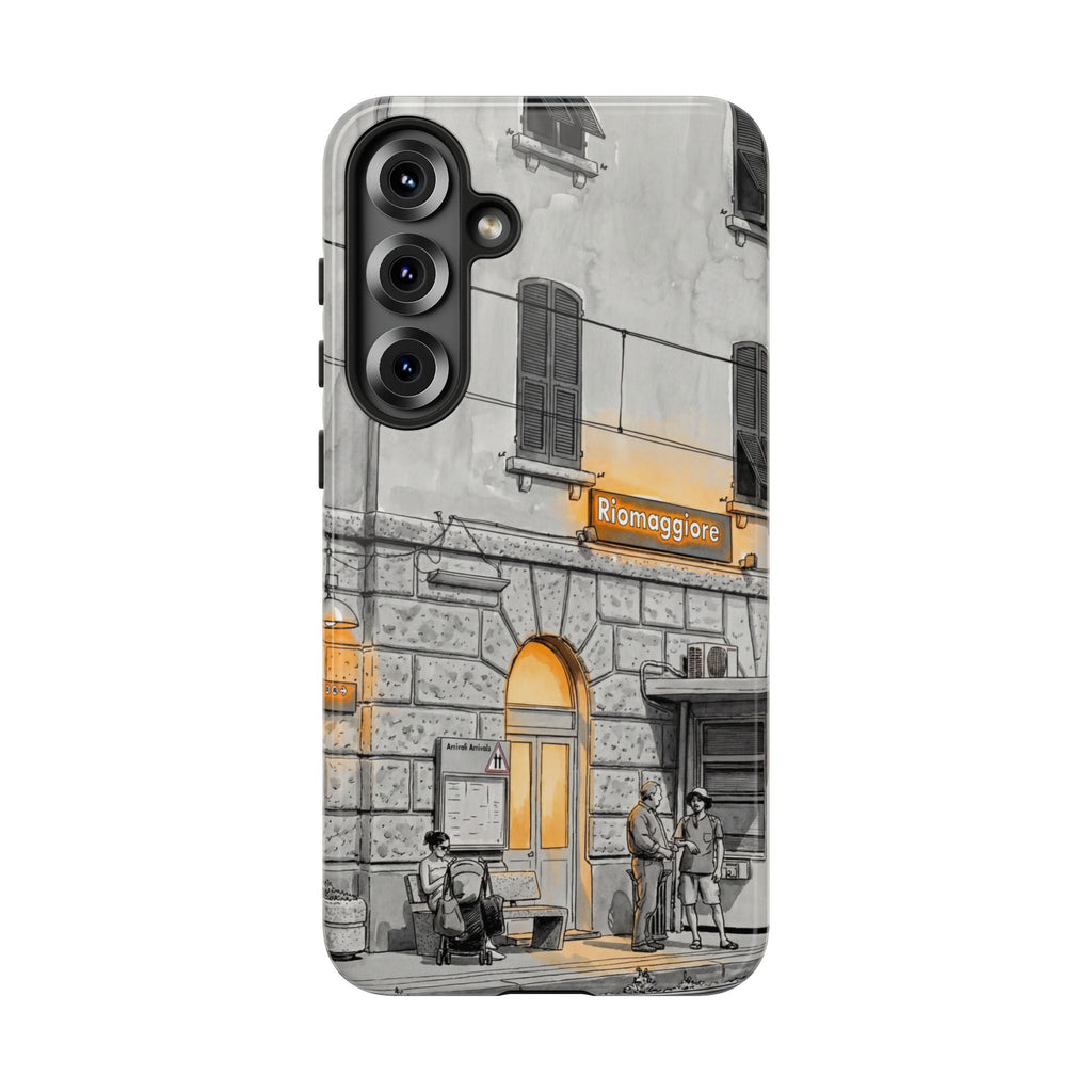 Custodia per Samsung Galaxy con stazione ferroviaria Cinque Terre | Schizzo in bianco e nero con accenti gialli caldi
