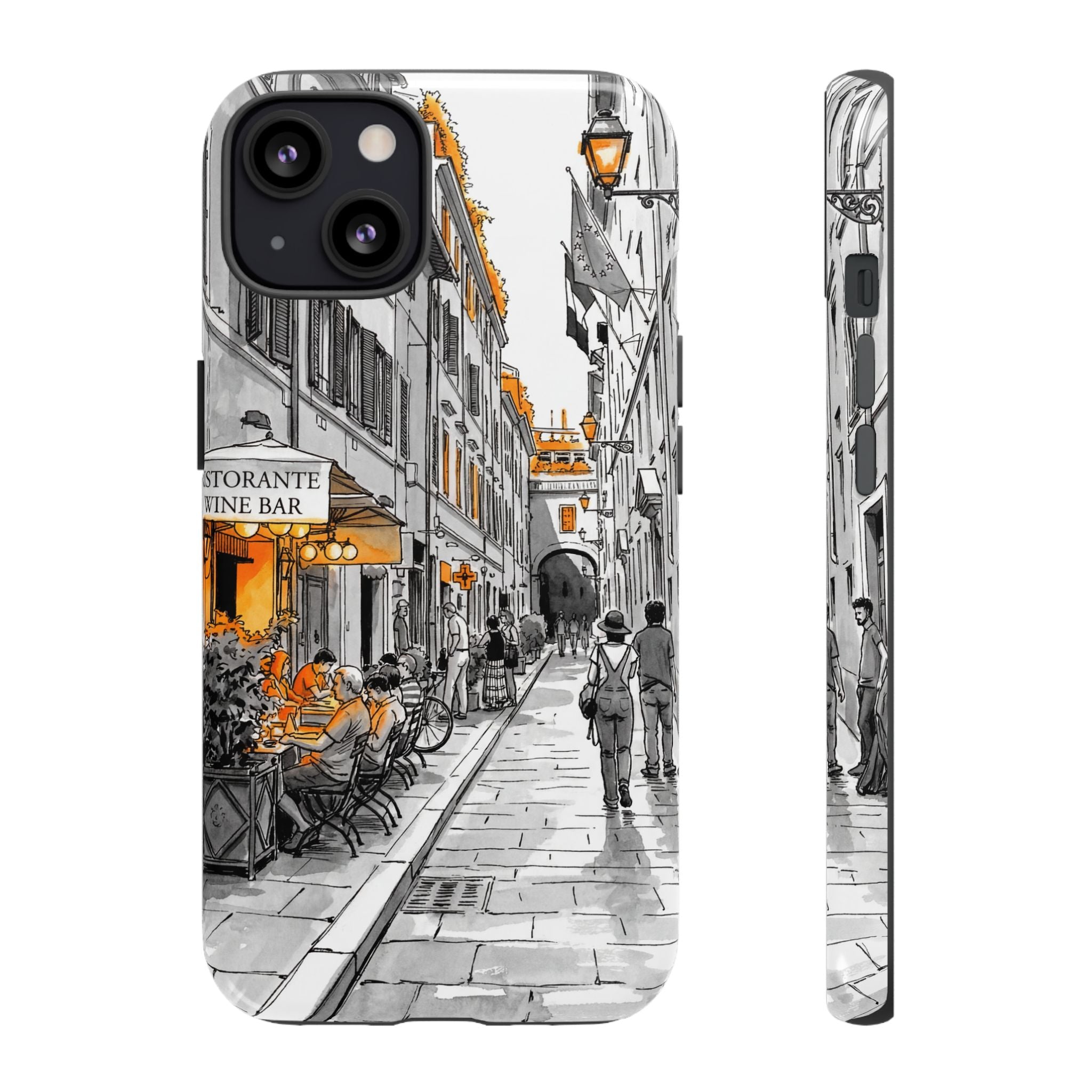 Vintage Italy Street iPhone Case | Black & White Sketch with Orange Accent