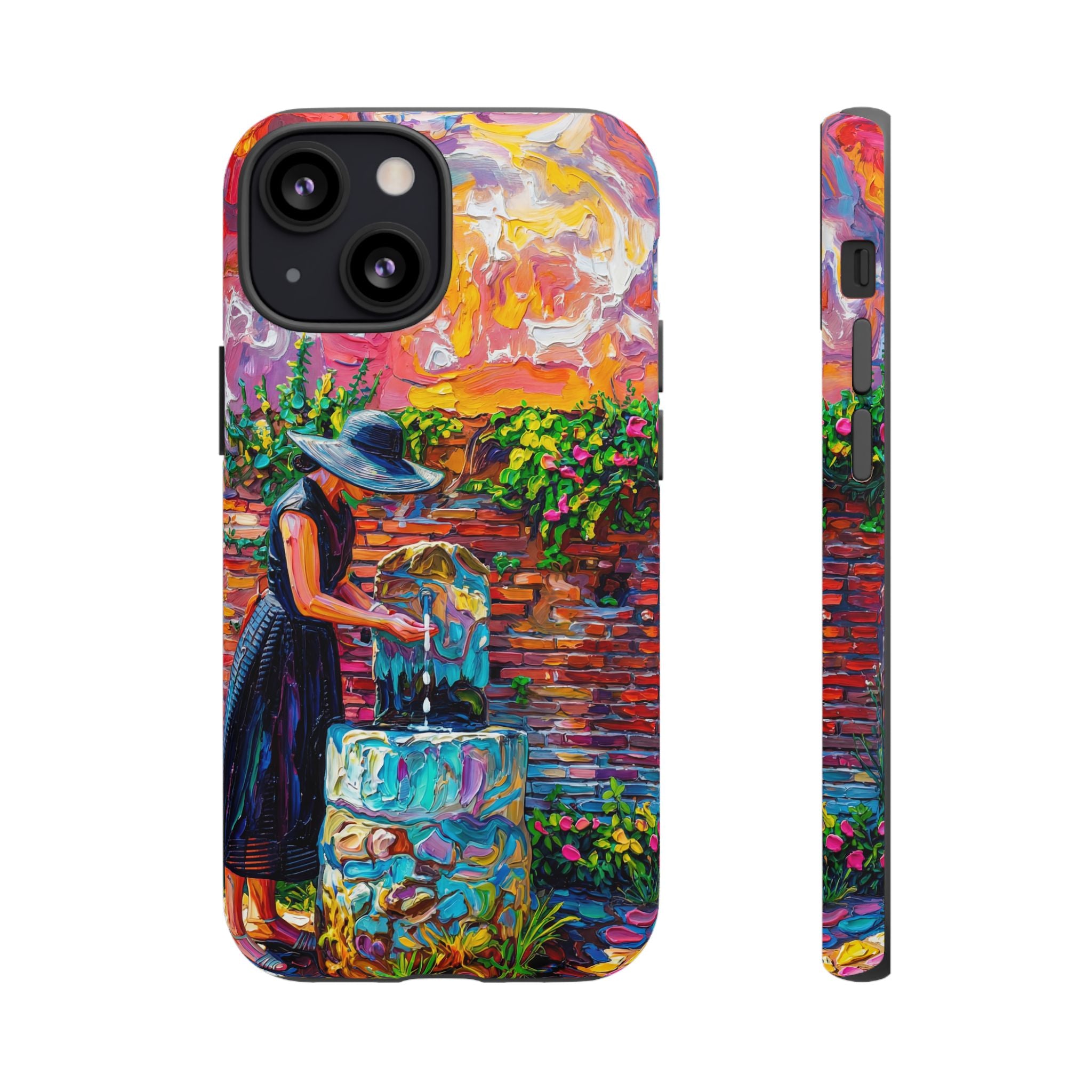 Artistic Garden iPhone Case | Woman at Fountain Colourful Painterly Design