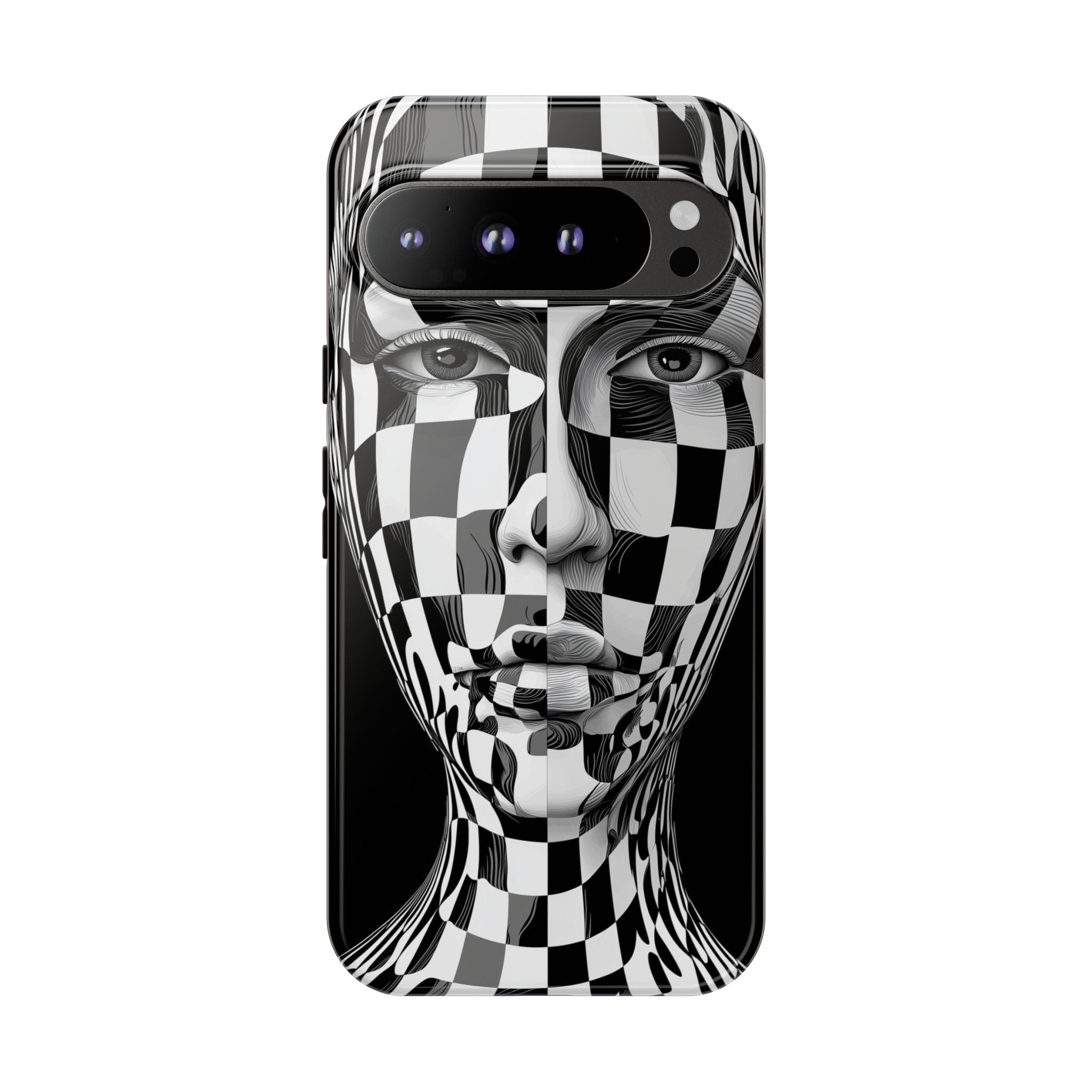 Checkerboard Face Tough Google Pixel Case — Black & White Surreal Art Protective Cover