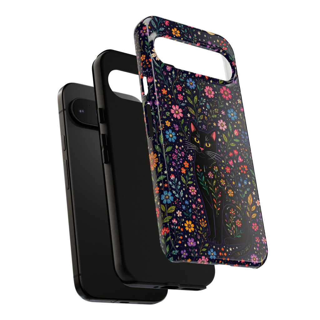 Celestial Black Cat Google Pixel Phone Case | Whimsigoth Floral