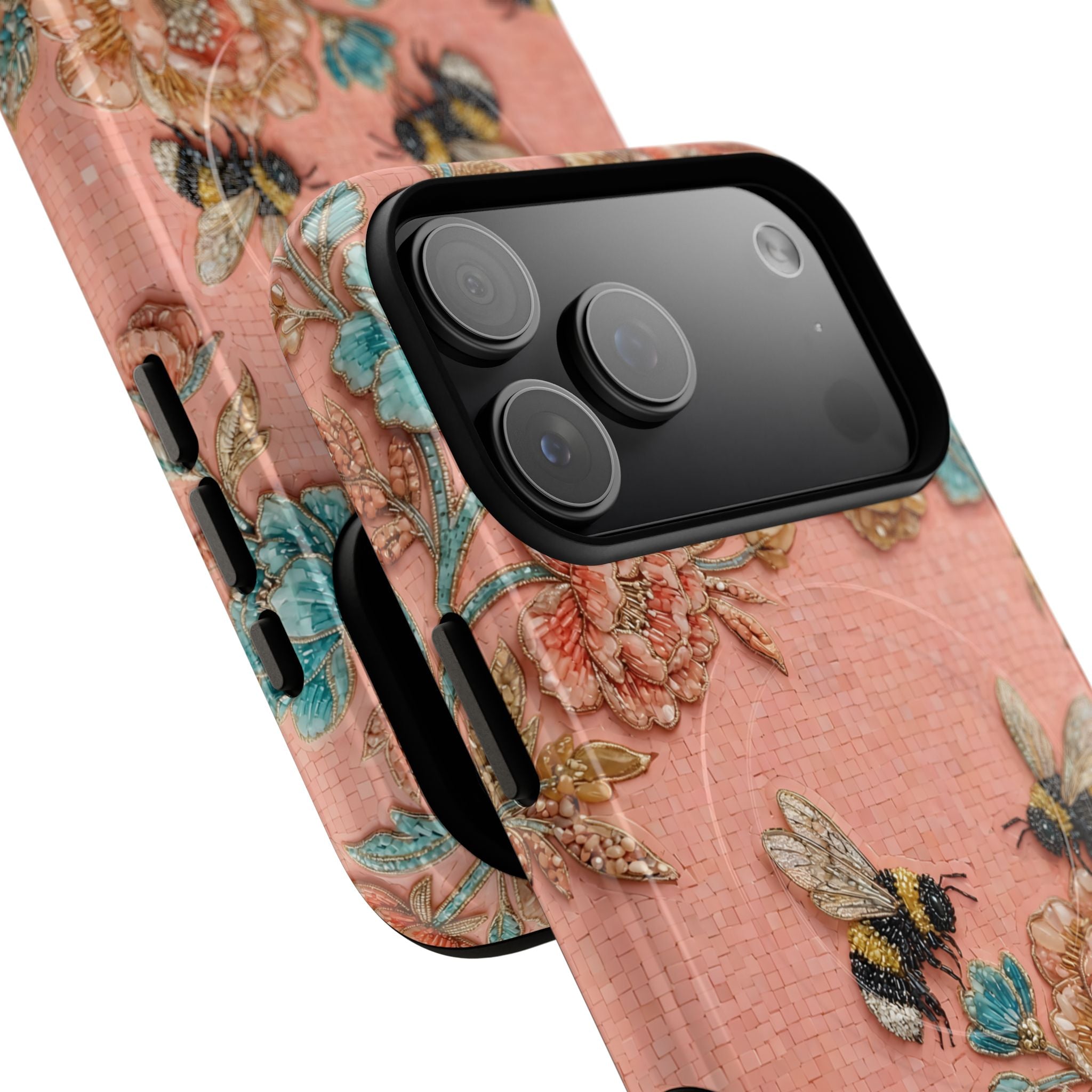 Floral Bee Tough MagSafe iPhone Case | Vintage Pink Garden Protective Cover