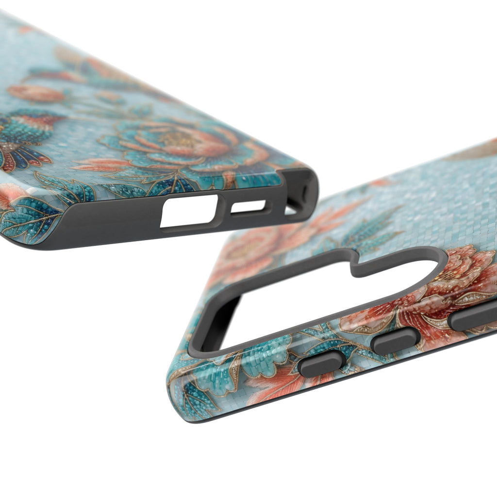 Cover per Samsung Galaxy in robusto materiale, fantasia colibrì e fiori | Design vintage giardino blu