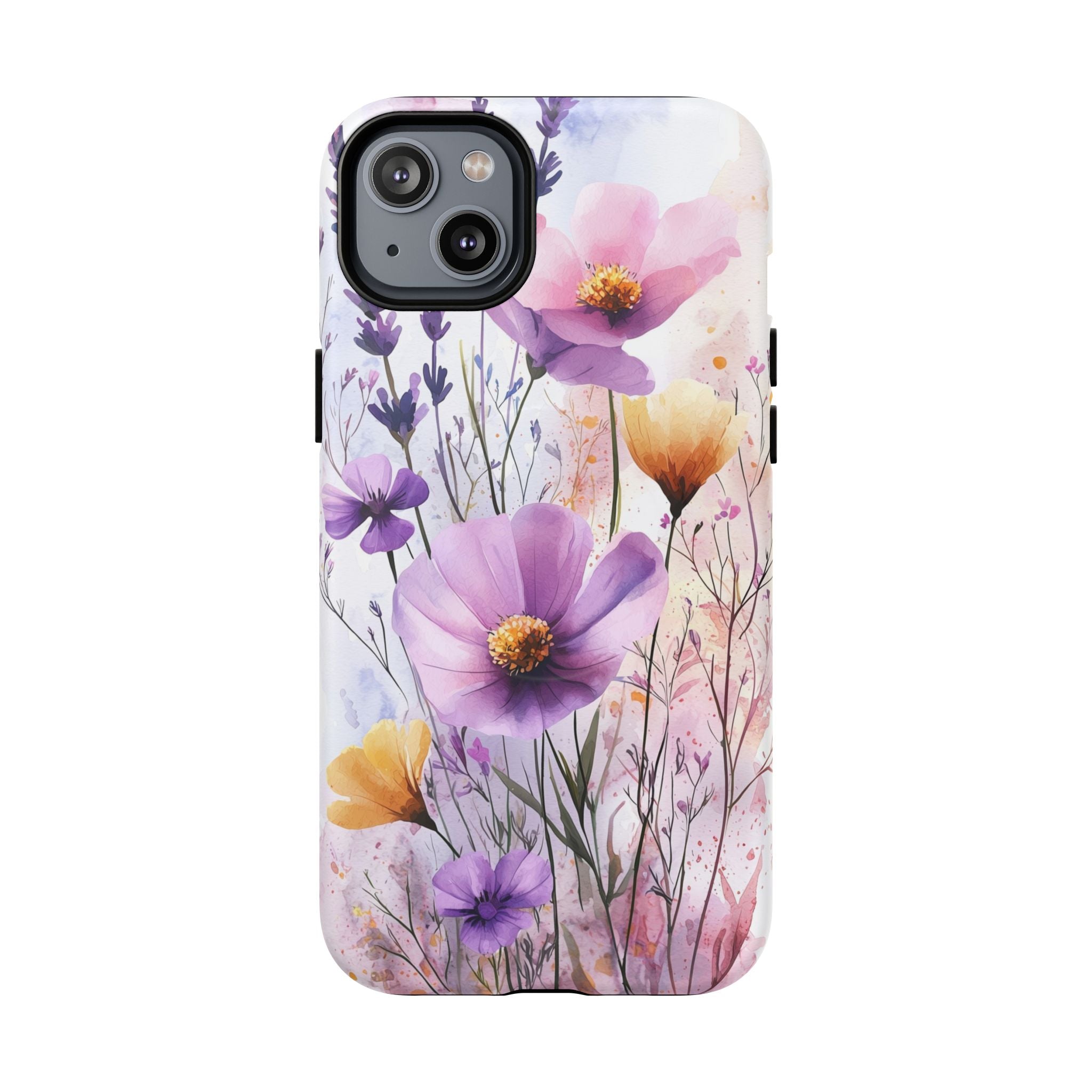 Custodia MagSafe resistente per iPhone con motivo acquerello floreale | Fiori di campo viola e gialli