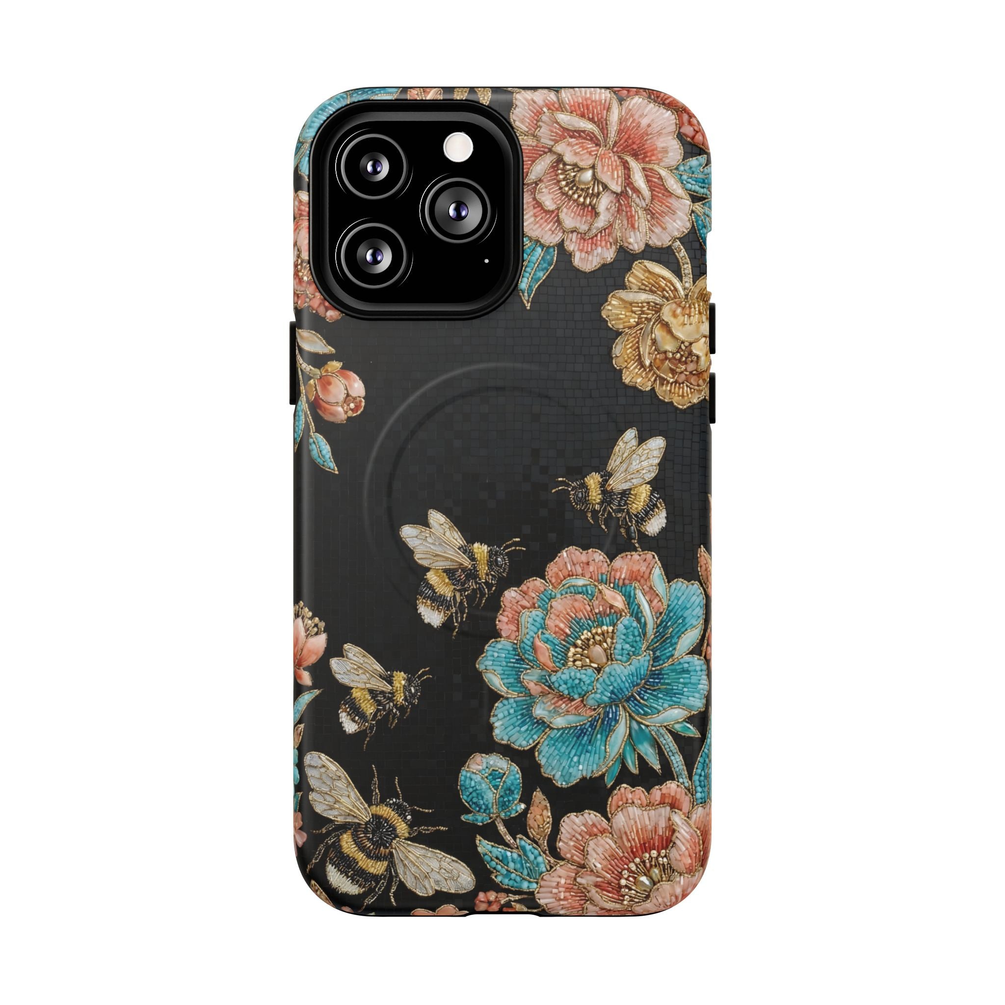 Floral Bees Tough MagSafe iPhone Case | Vintage Rose & Bumblebee Protective Cover