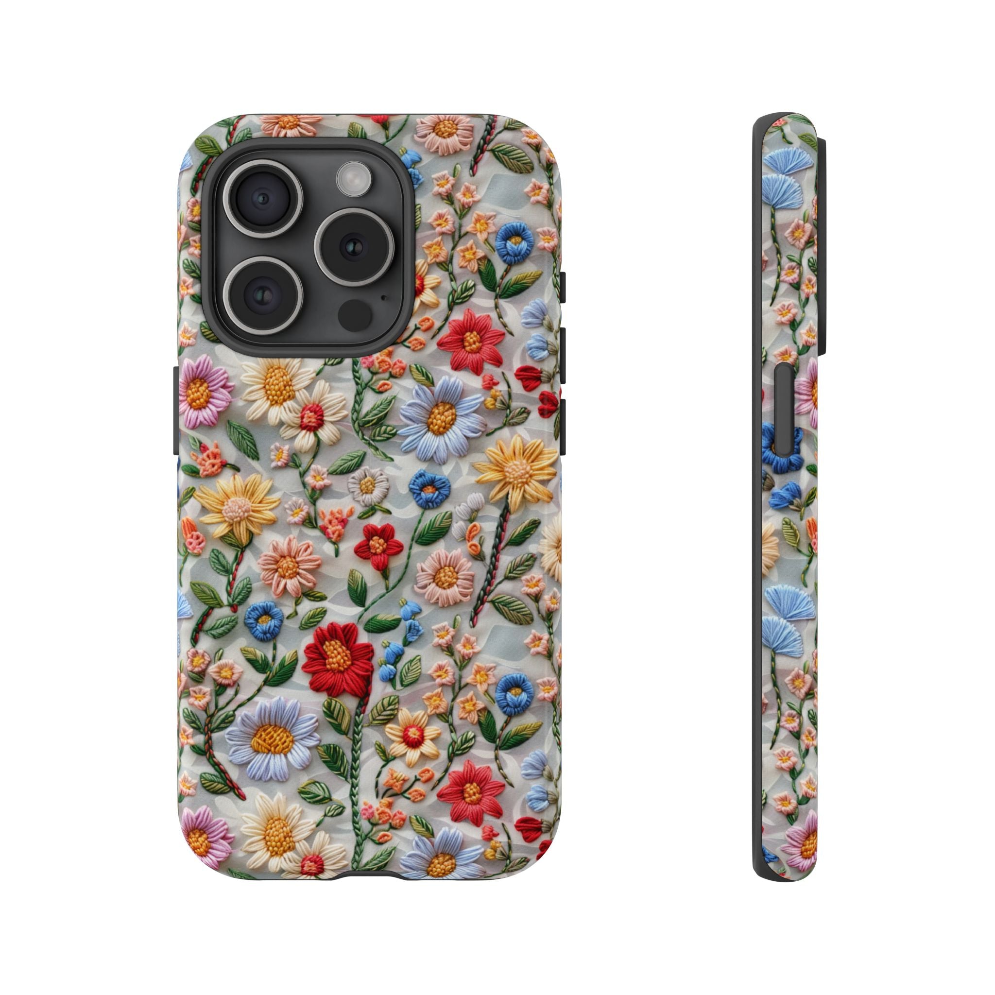 Floral Embroidered Pattern Tough iPhone Case — Colourful Daisy & Wildflower Design