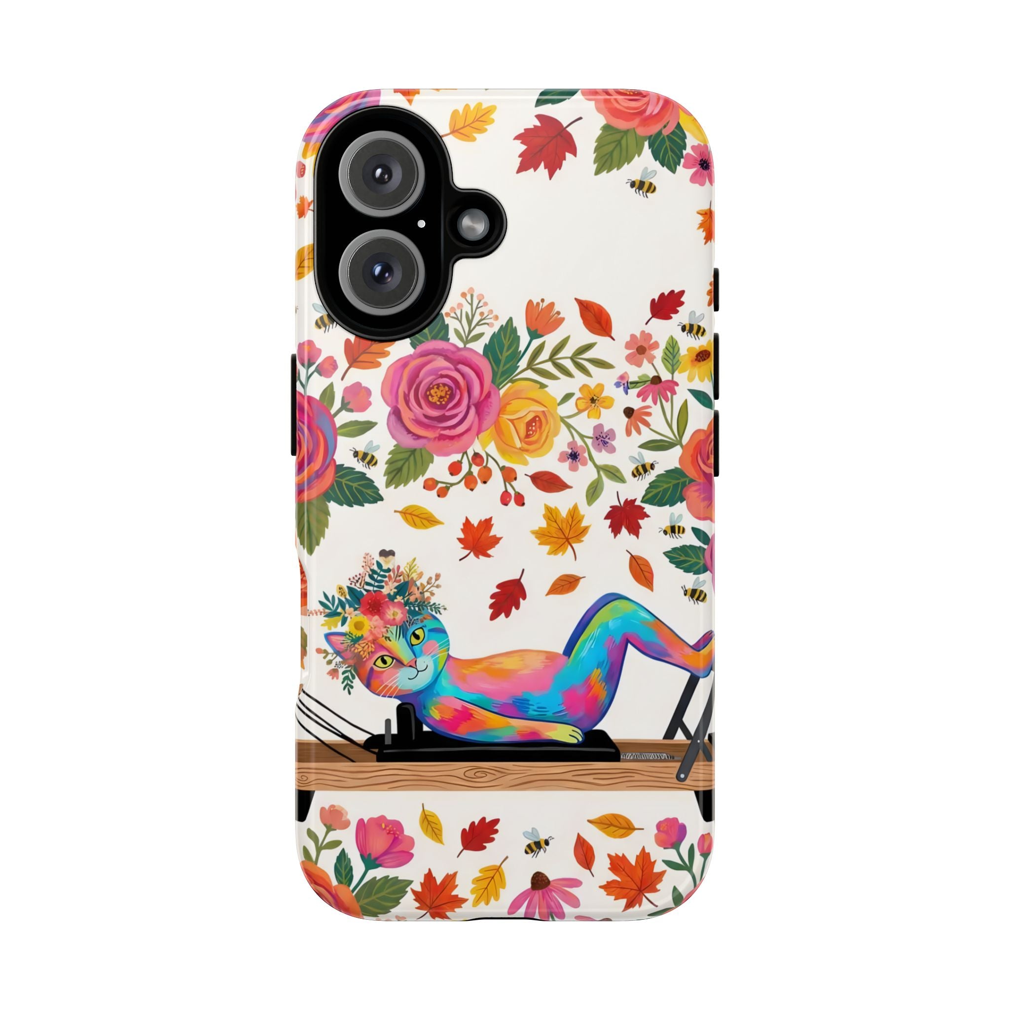 Autumn Floral Pilates iPhone Case | Colorful Rainbow Pilates Cat on Falling Leaves