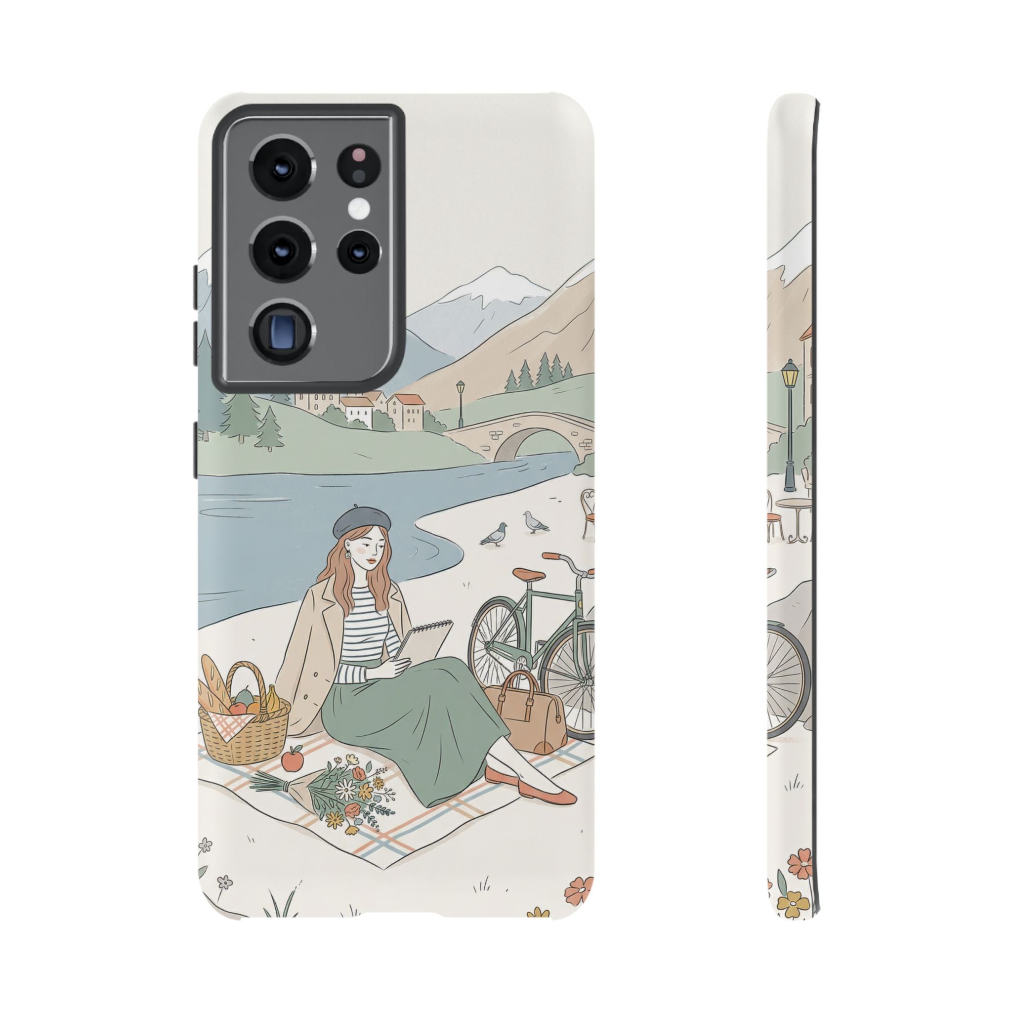 Scenic Picnic Samsung Galaxy Phone Case | Vintage Bicycle & Mountain Illustration