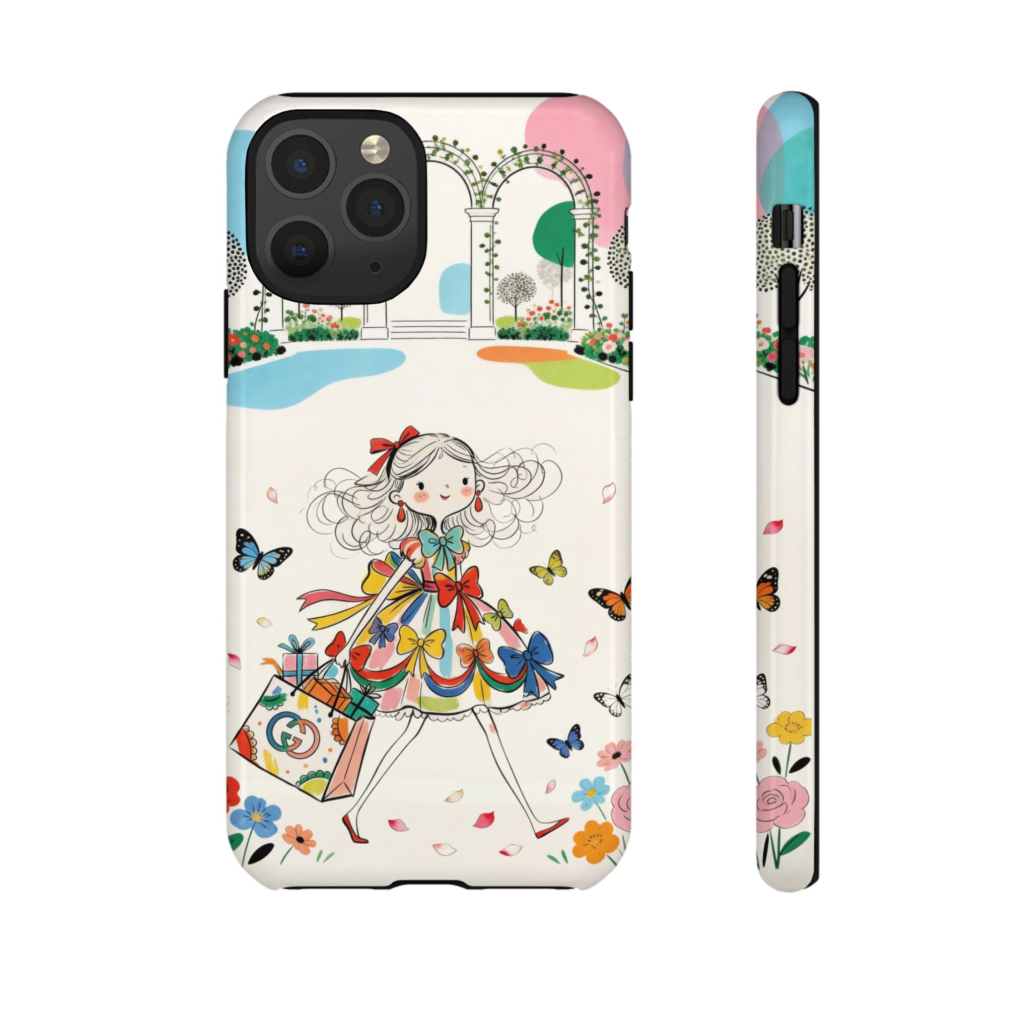 Whimsical Shopping Girl iPhone Case | Cute Floral Butterfly Tough Case