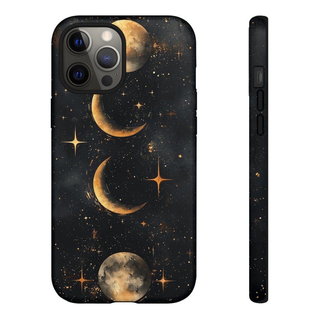 Celestial Moon Phases Tough iPhone Case | Gold Crescent & Full Moon Galaxy Design