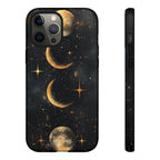 Celestial Moon Phases Tough iPhone Case | Gold Crescent & Full Moon Galaxy Design