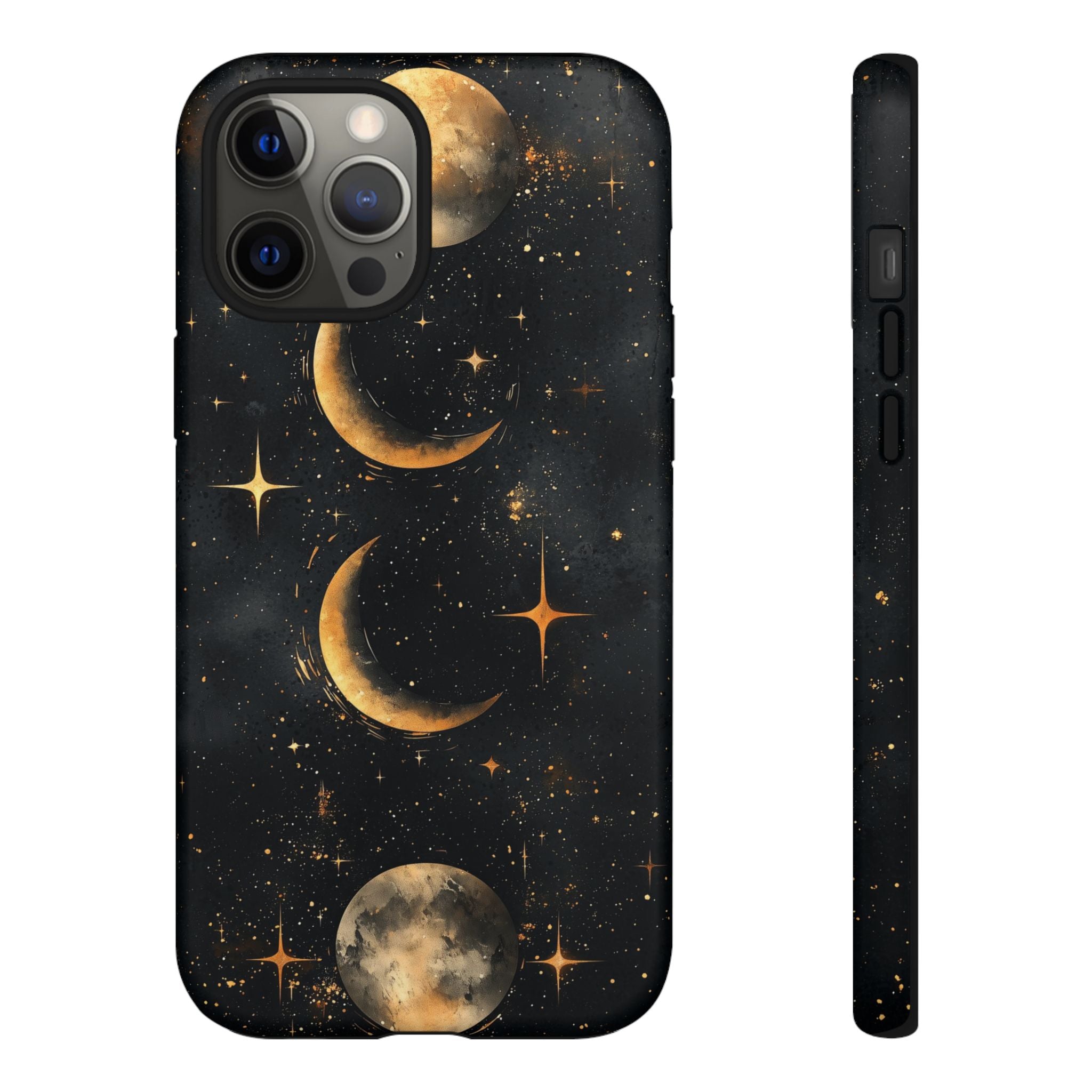 Celestial Moon Phases Tough iPhone Case | Gold Crescent & Full Moon Galaxy Design
