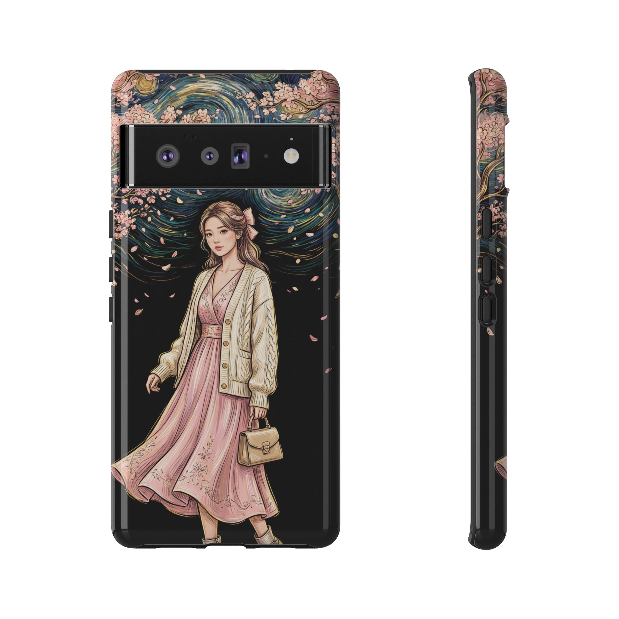 Floral Starry Night Google Pixel Phone Case | Elegant Girl in Pink Dress