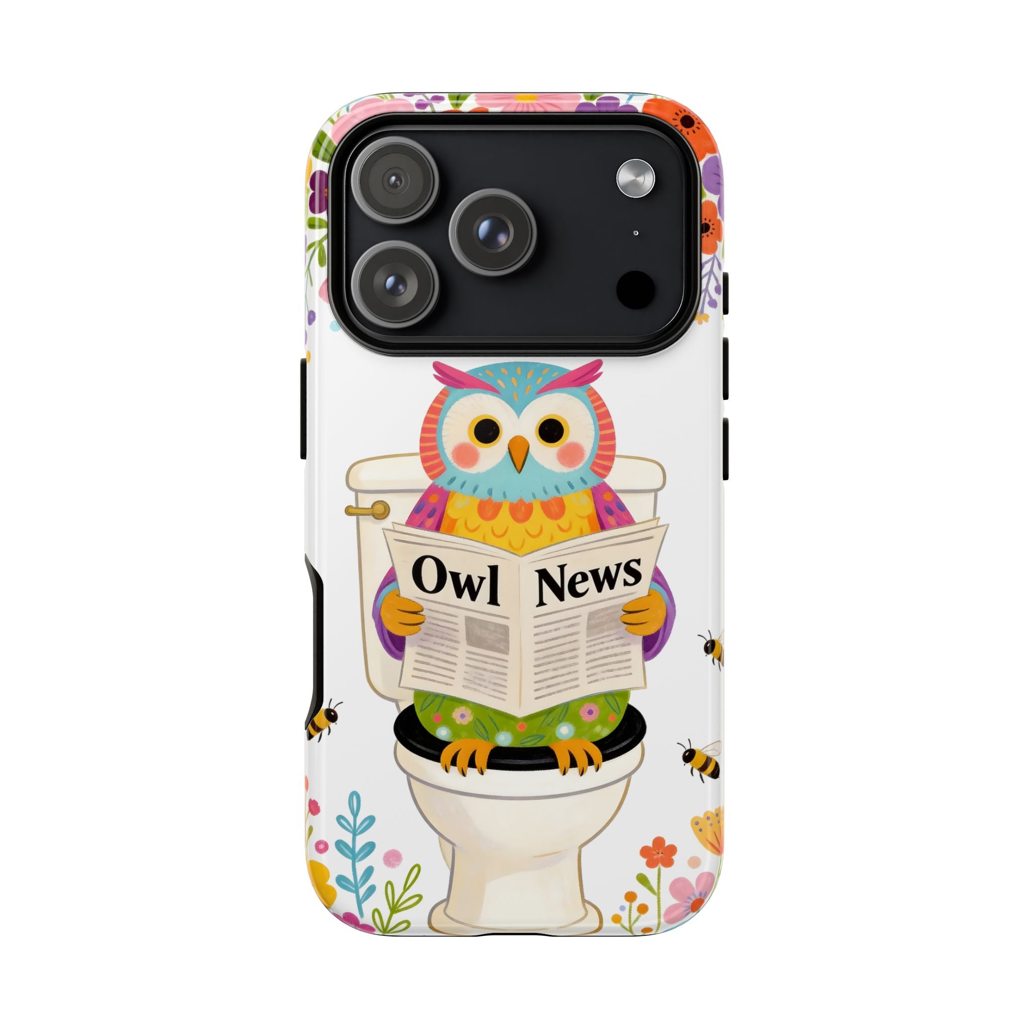 Owl News Floral iPhone Case | Cute Owl Reading Newspaper on Toilet