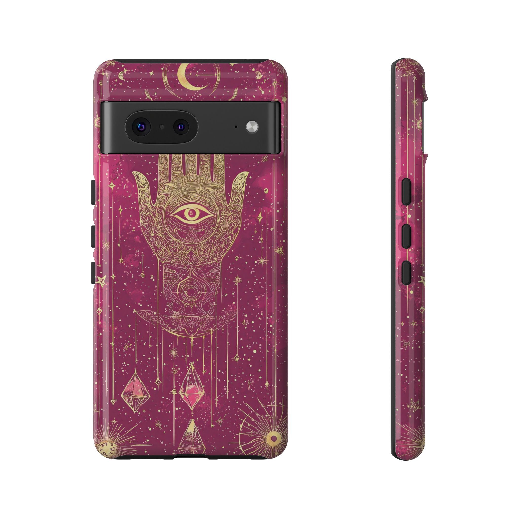 Mystic Hamsa Google Pixel Case | Gold Palm & All-Seeing Eye on Magenta Galaxy