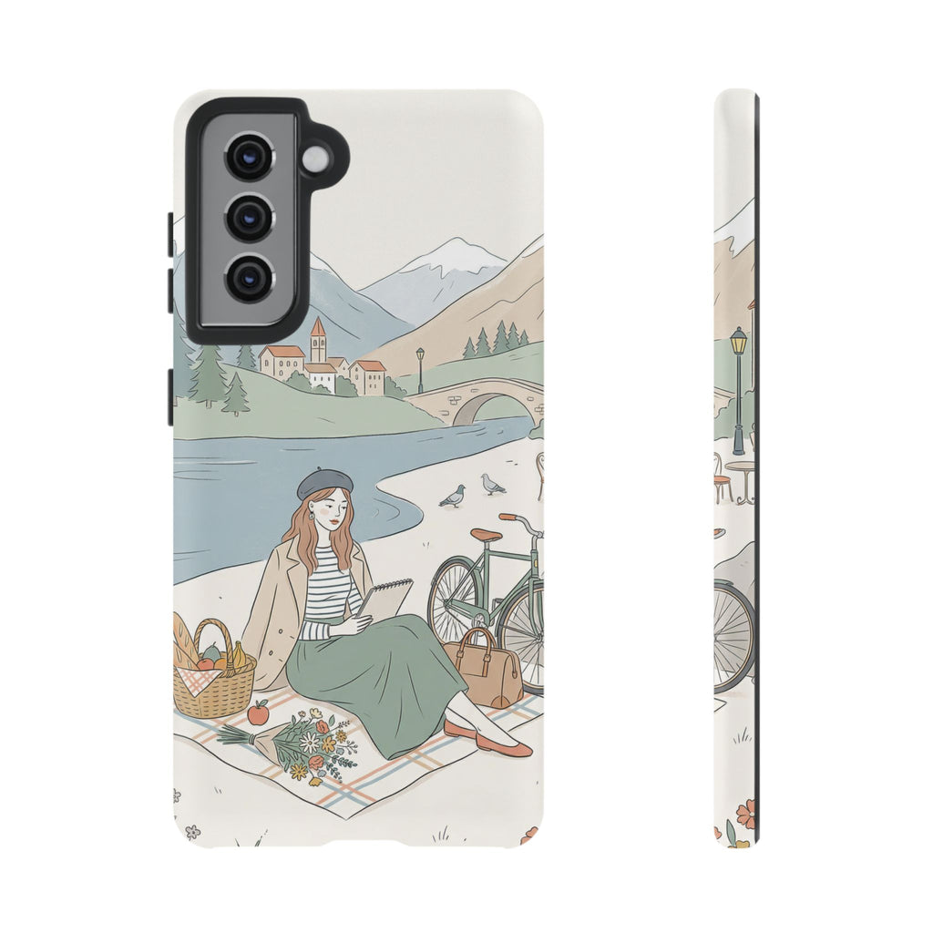 Scenic Picnic Samsung Galaxy Phone Case | Vintage Bicycle & Mountain Illustration