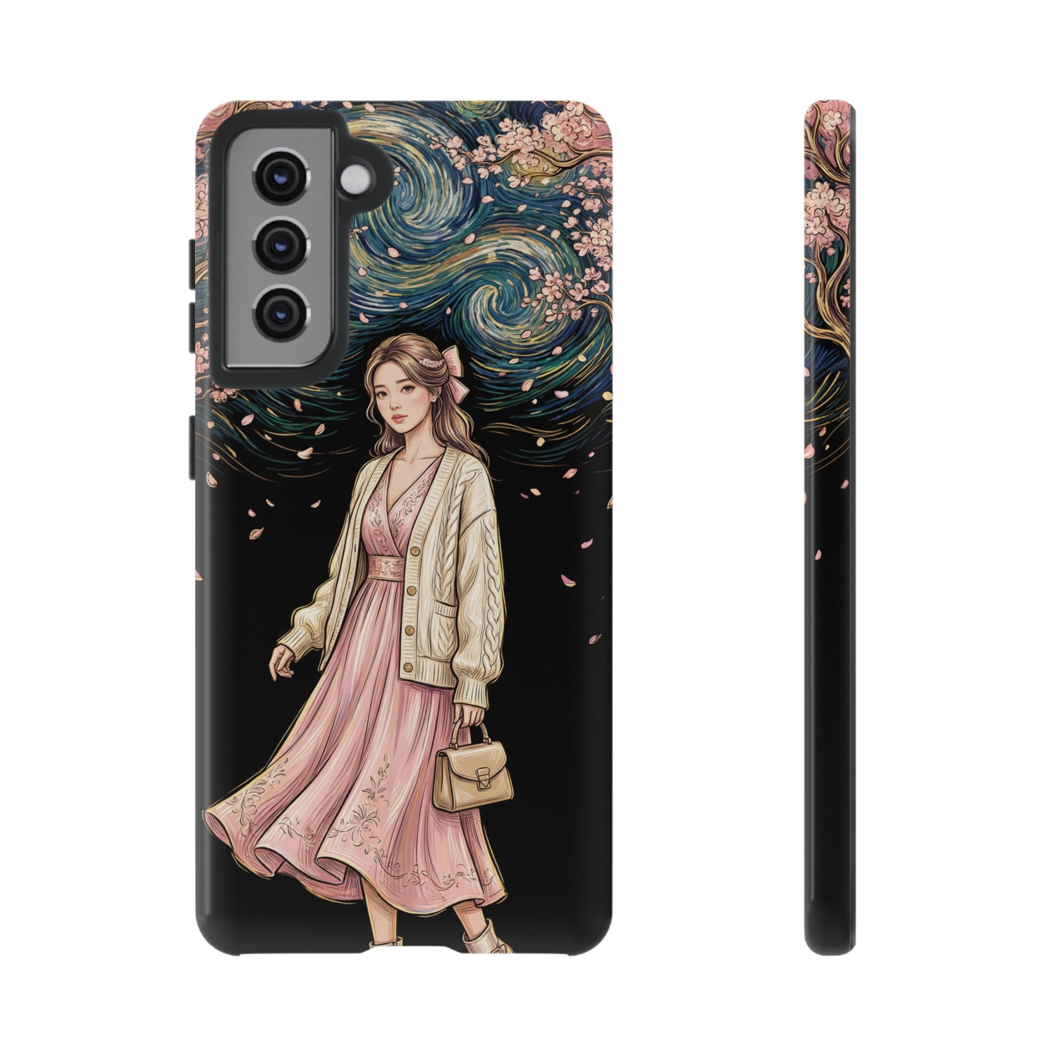 Floral Starry Night Samsung Galaxy Phone Case | Elegant Girl in Pink Dress