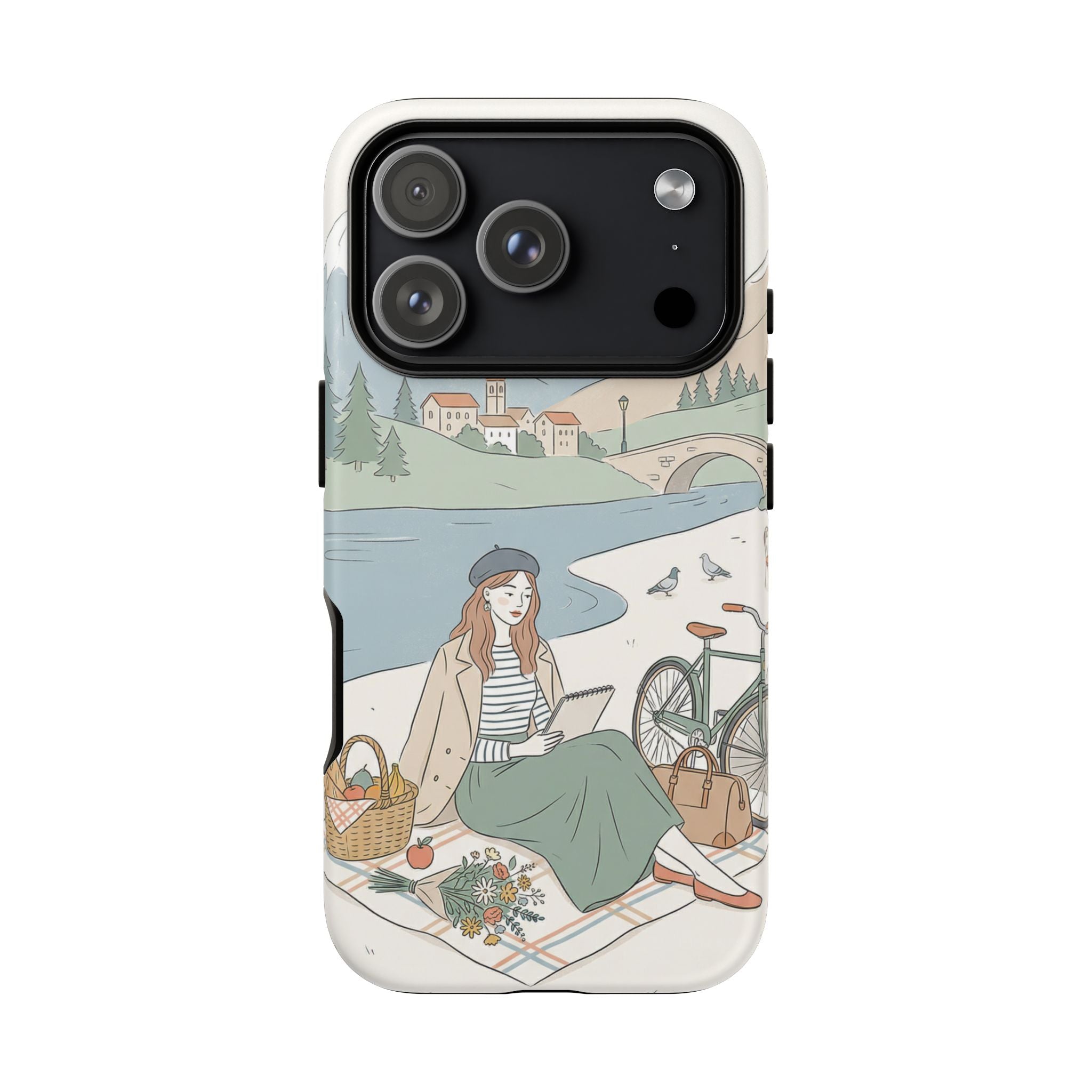 Scenic Picnic iPhone Case | Vintage Bicycle & Mountain Illustration
