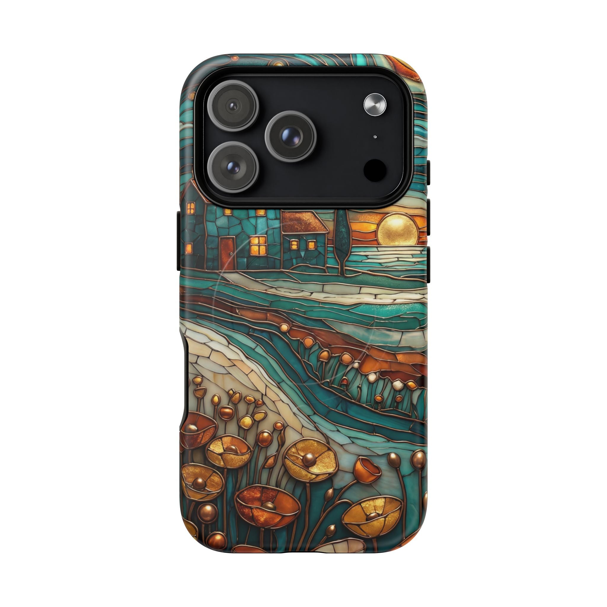 Custodia per telefono MagSafe resistente con paesaggio rustico al tramonto | Custodia protettiva artistica color verde acqua e rame