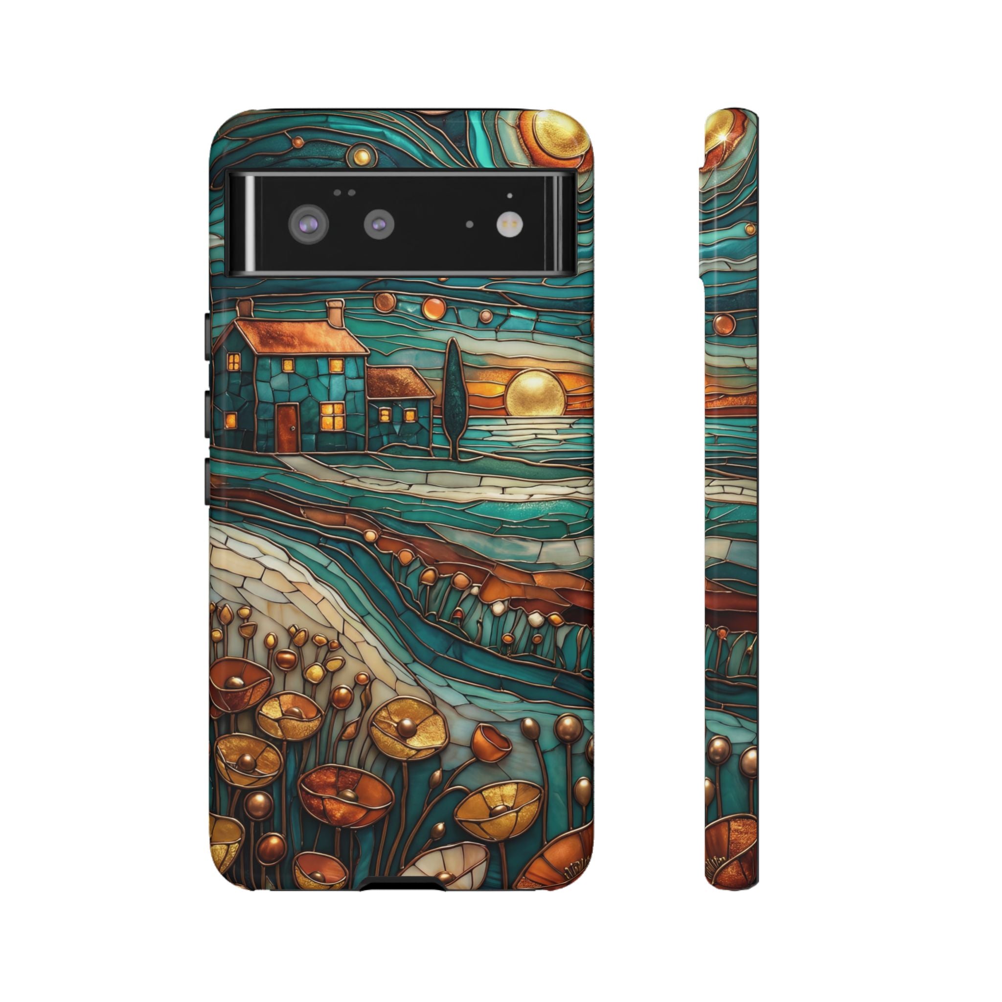 Artistic Sunset Cottage Google Pixel Case | Whimsical Floral Landscape Protective Cover