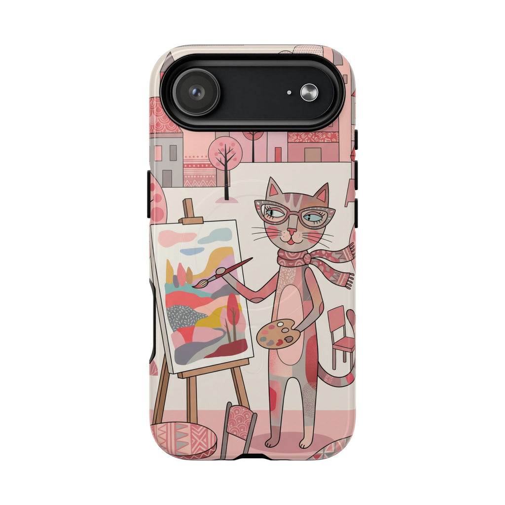 Artistic Cat MagSafe iPhone Case | Painter Kitty Illustration Tough Case