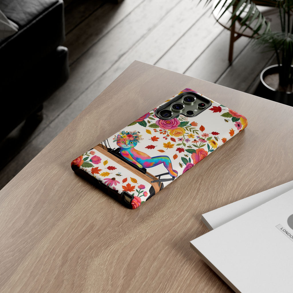 Autumn Floral Pilates Samsung Galaxy Phone Case | Colorful Rainbow Pilates Figure on Falling Leaves