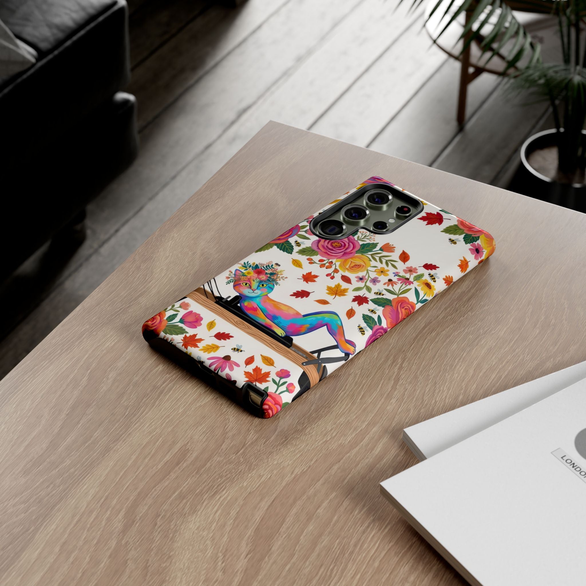 Autumn Floral Pilates Samsung Galaxy Phone Case | Colorful Rainbow Pilates Figure on Falling Leaves
