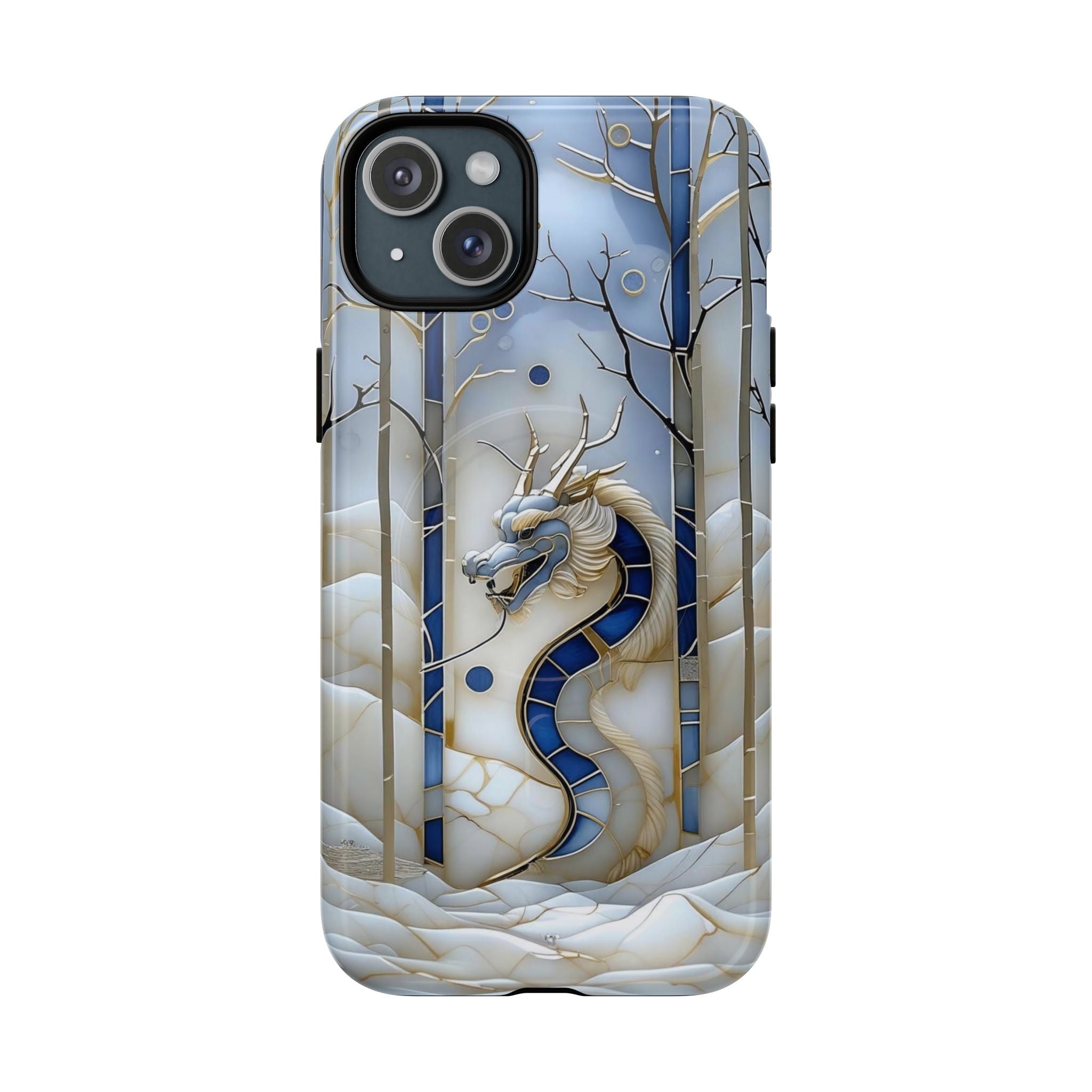 Dragon Stained Glass Tough MagSafe Phone Case — Blue & Ivory Medieval Art