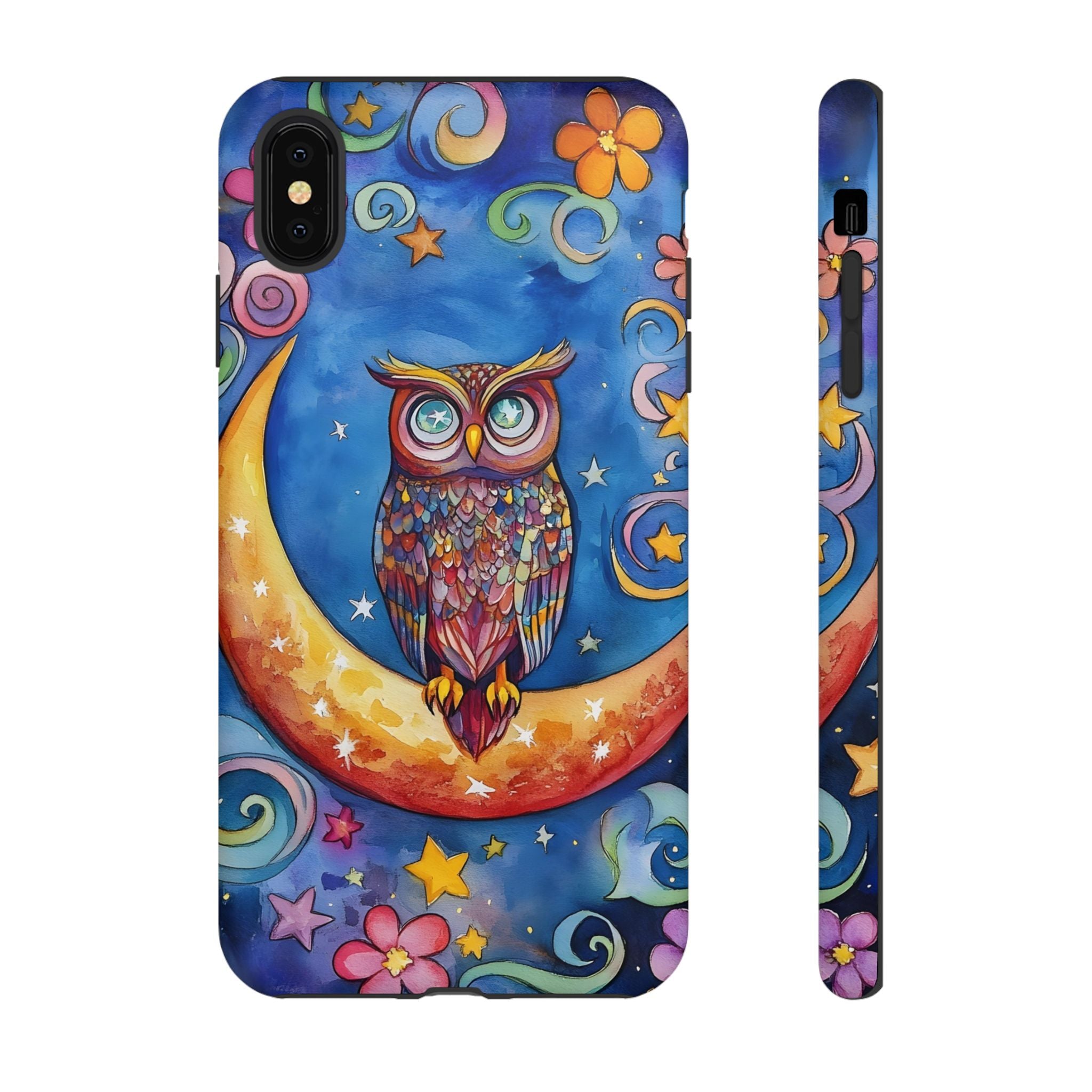 Owl on Crescent Moon iPhone Case — Colourful Whimsical Night Sky Design