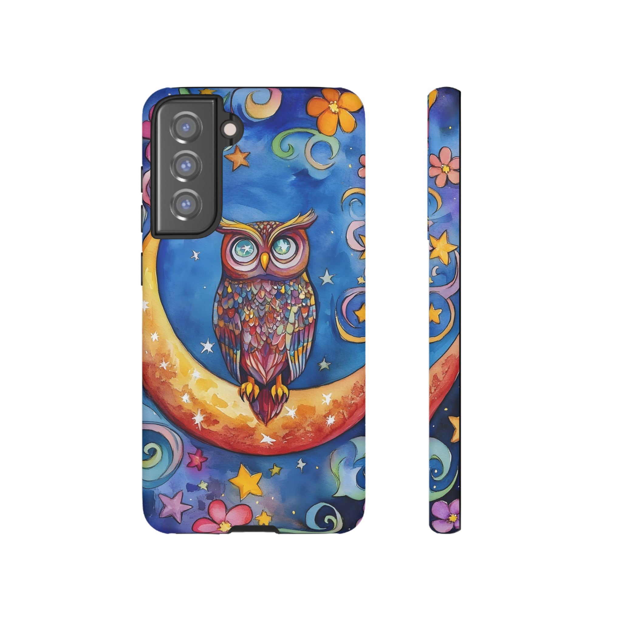 Owl on Crescent Moon Samsung Galaxy Case — Colourful Whimsical Night Sky Design