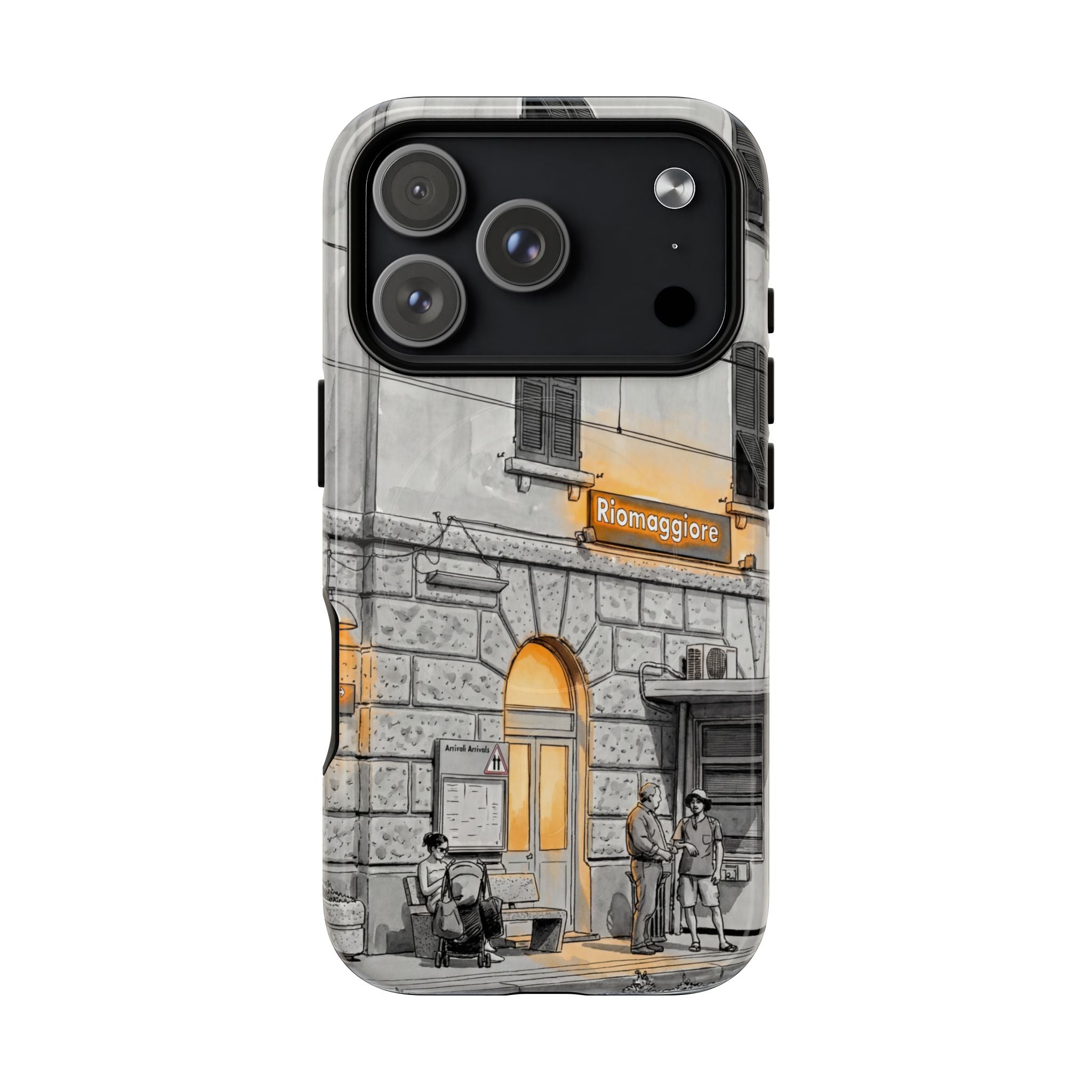 Custodia per telefono MagSafe con motivo stazione ferroviaria Cinque Terre | Schizzo in bianco e nero con accenti giallo caldo