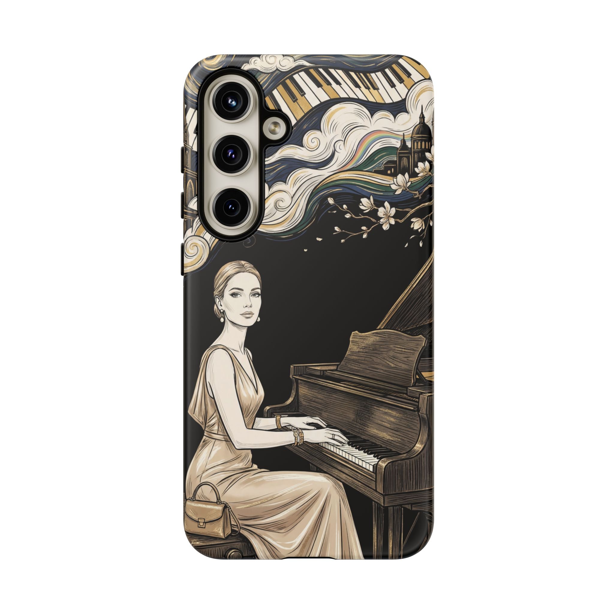 Elegant Piano Woman Samsung Galaxy Phone Case | Vintage Art Deco Music Design