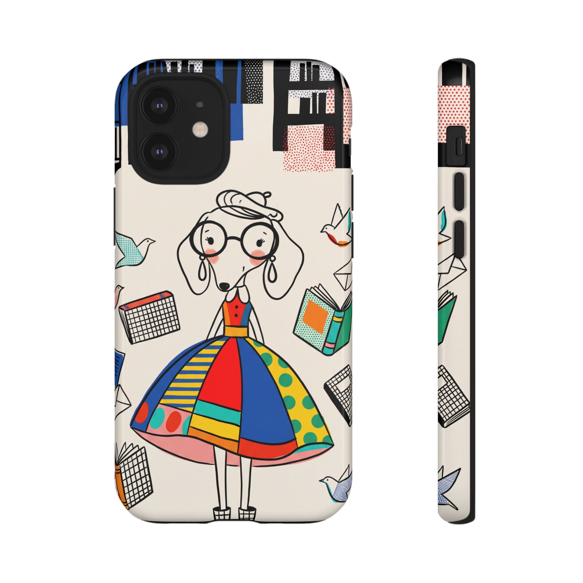 Cute Dachshund Dog Illustration iPhone Case | Colorful Whimsical Book & Bird Design
