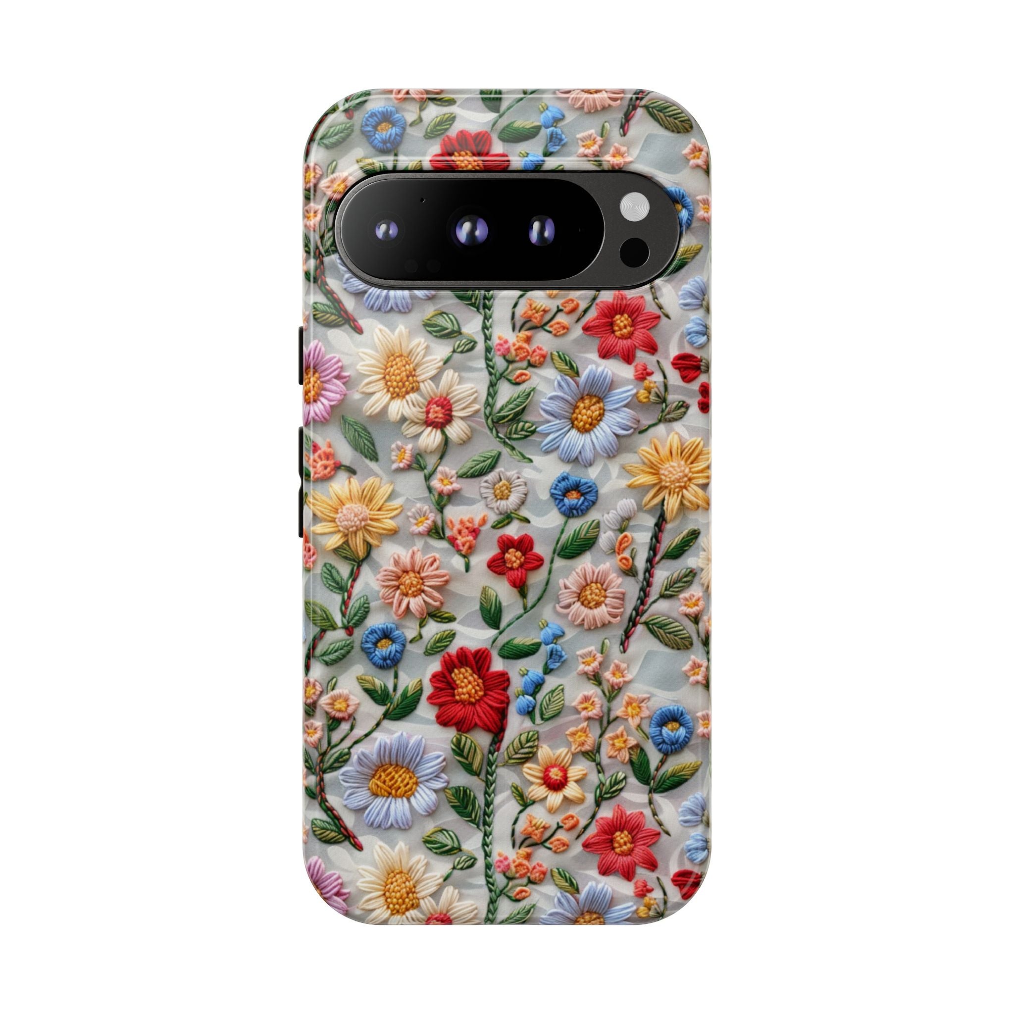 Floral Embroidered Pattern Tough Google Pixel Case — Colourful Daisy & Wildflower Design