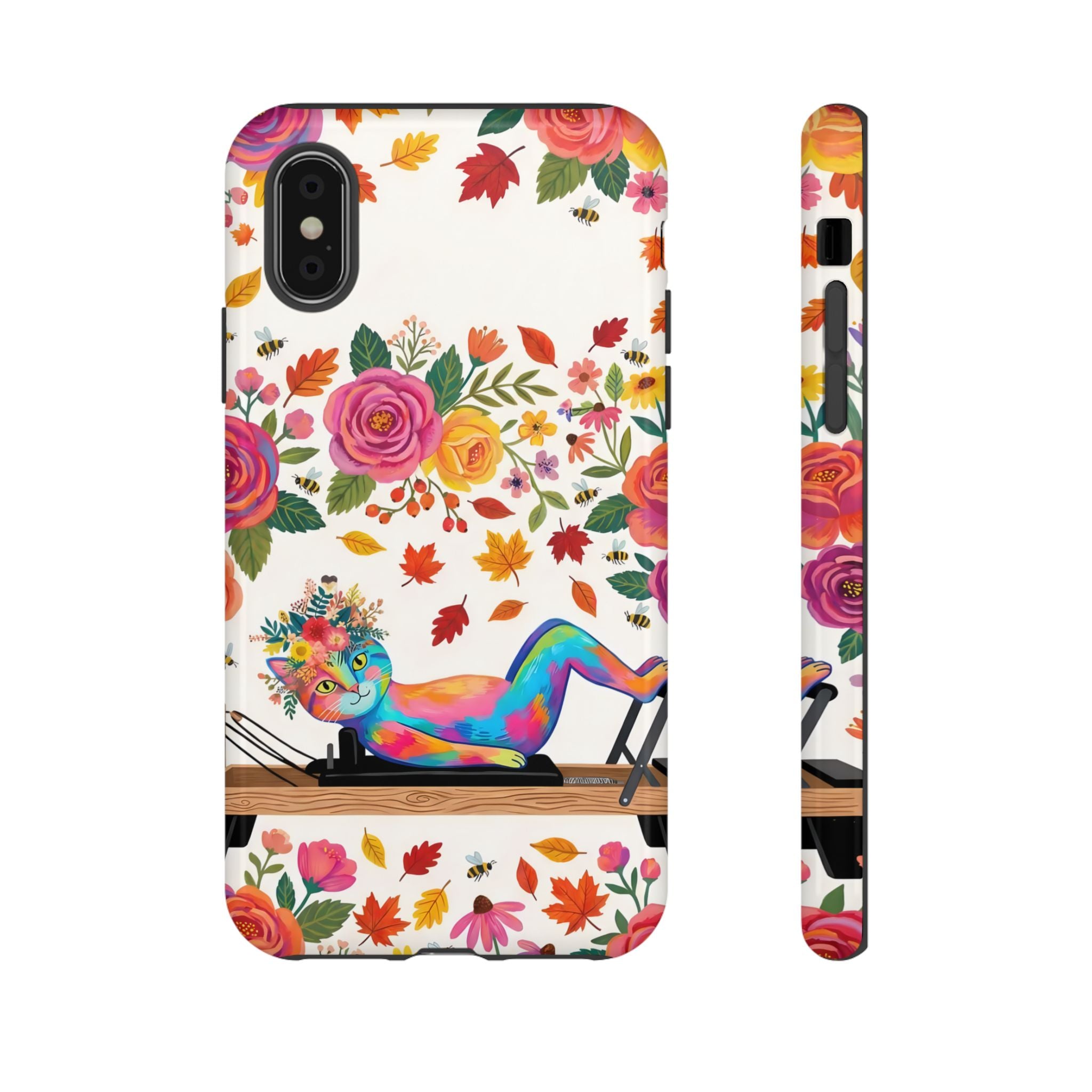 Autumn Floral Pilates iPhone Case | Colorful Rainbow Pilates Cat on Falling Leaves