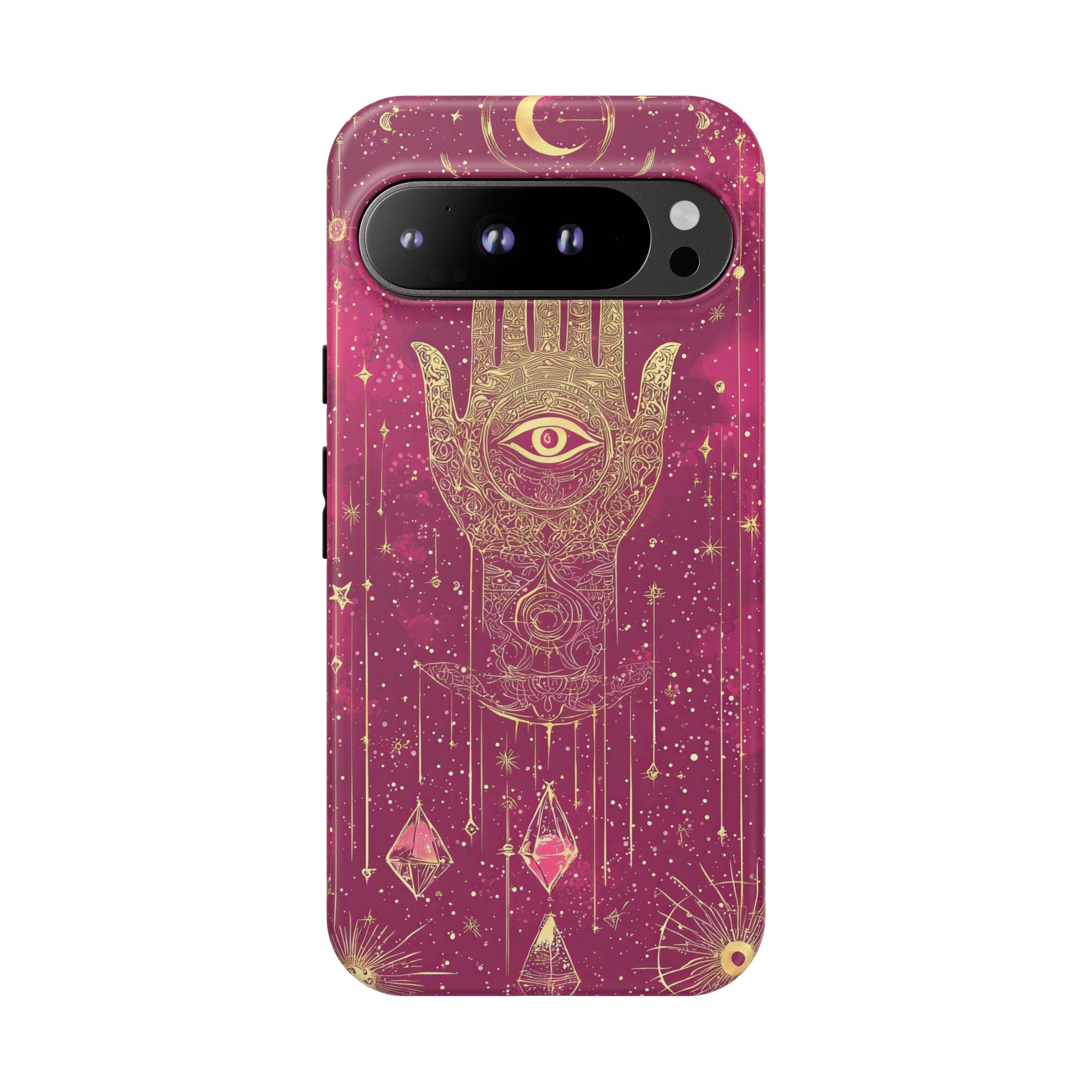 Mystic Hamsa Google Pixel Case | Gold Palm & All-Seeing Eye on Magenta Galaxy