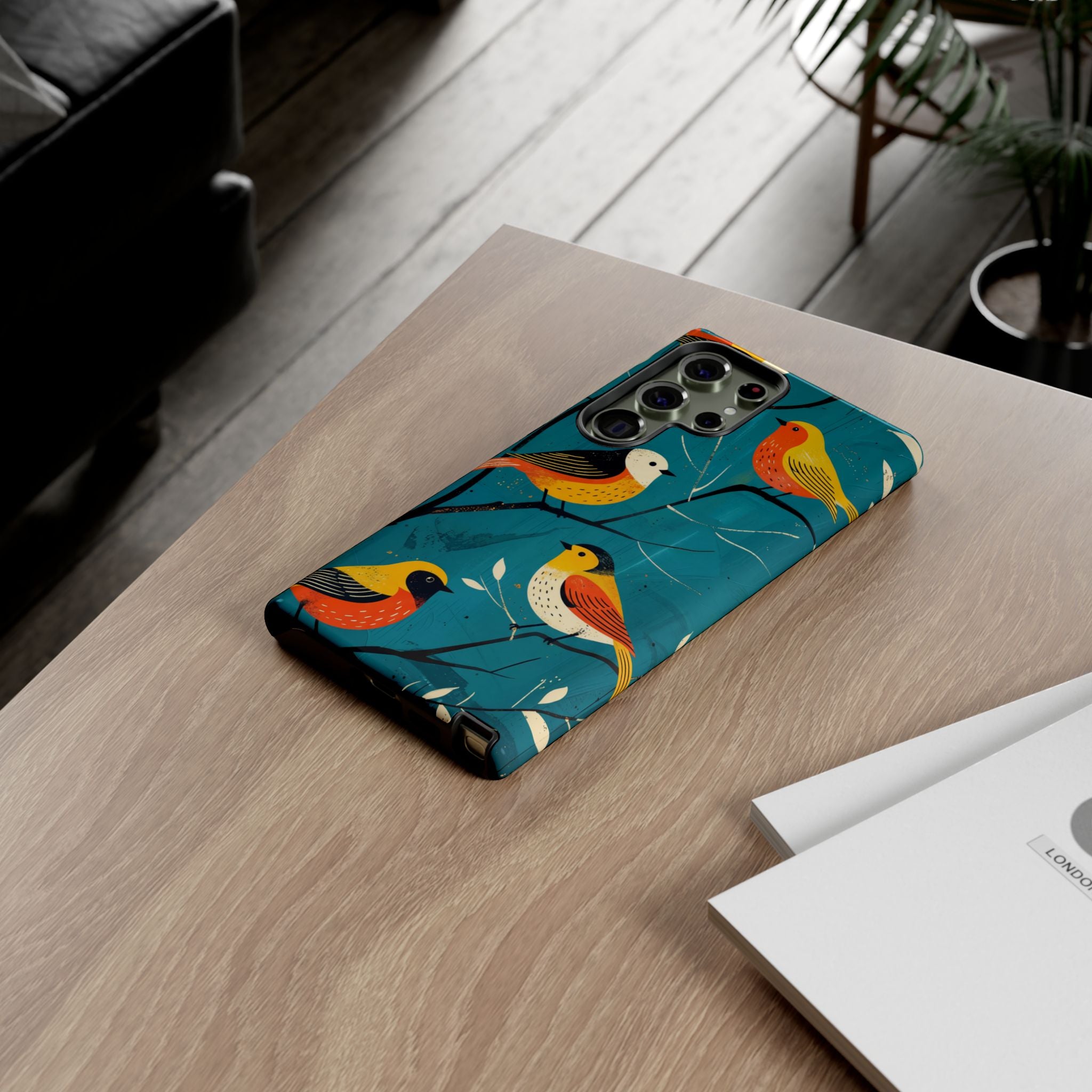 Bird Pattern Tough Samsung Galaxy Phone Case | Colourful Songbirds on Teal Background