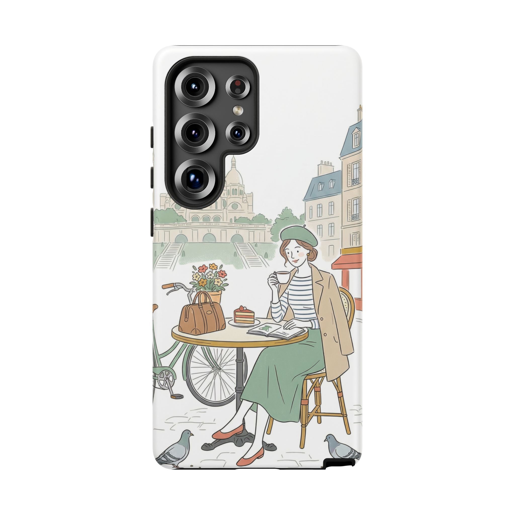Paris Cafe Illustration Samsung Galaxy Phone Case | Vintage Bicycles & Pigeons Protective Cover