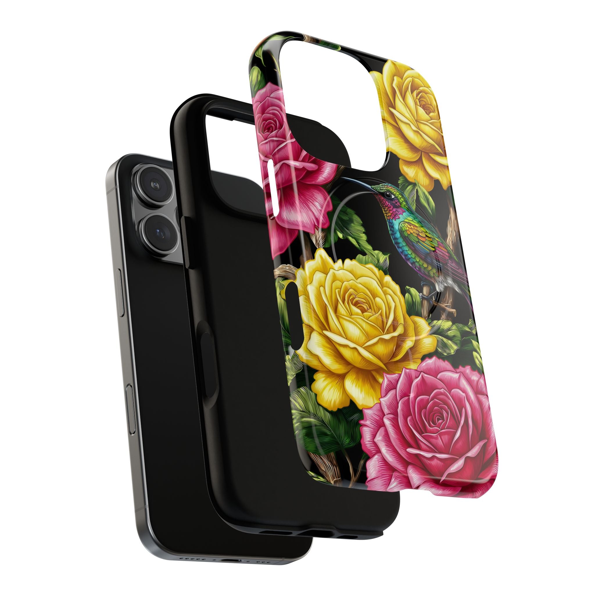 Floral Hummingbird Tough MagSafe iPhone Case | Vibrant Rose & Yellow Garden Protection
