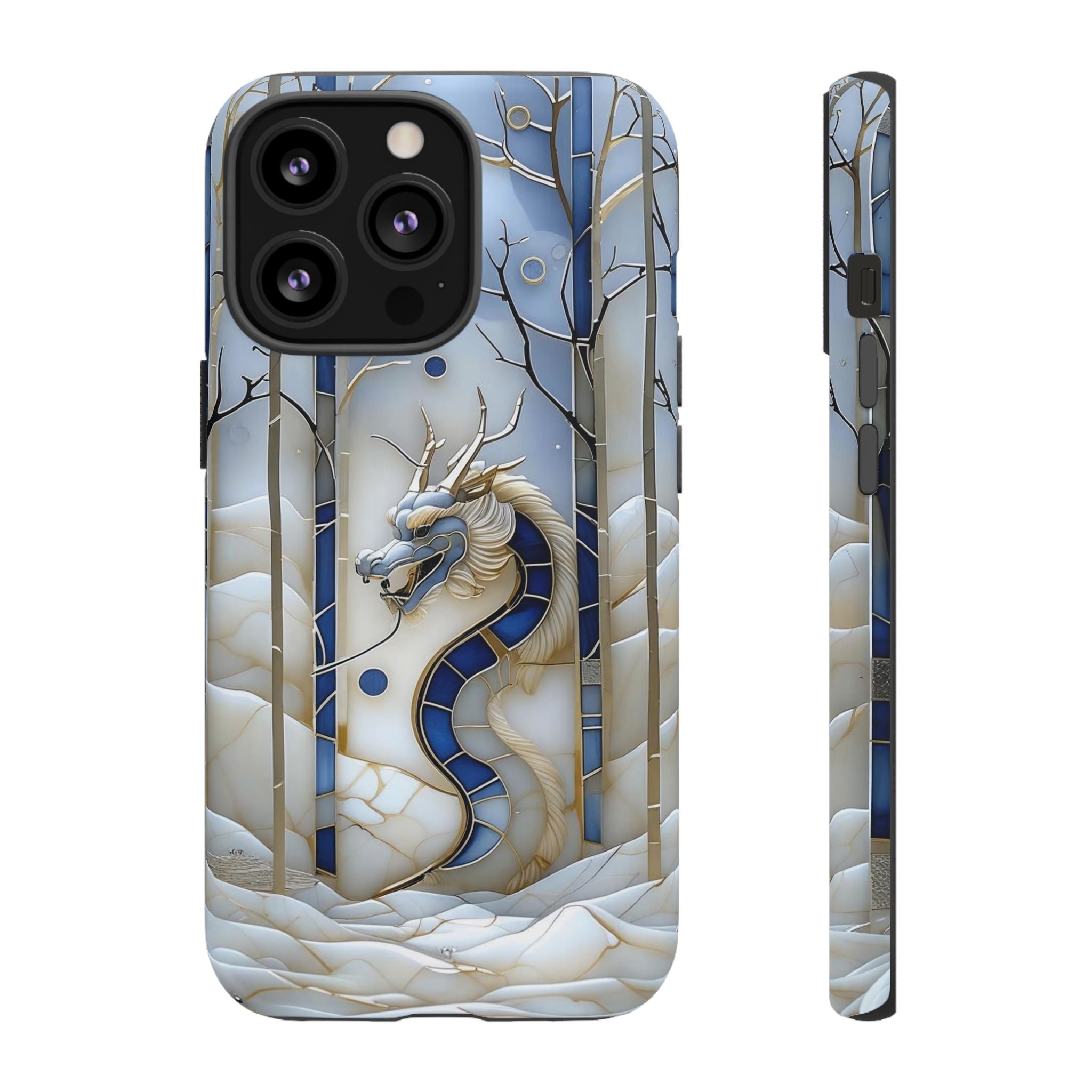 Dragon Stained Glass iPhone Case — Blue Winter Forest Protective Cover