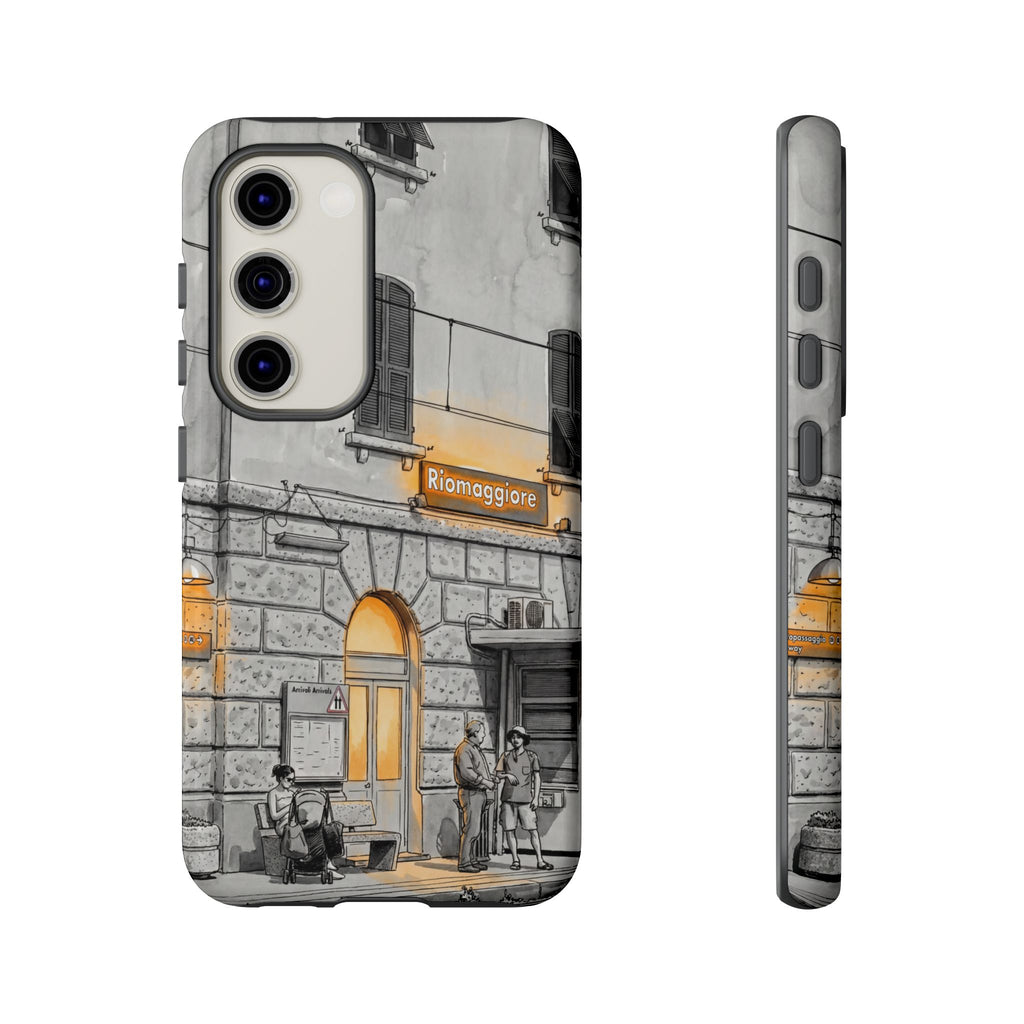 Custodia per Samsung Galaxy con stazione ferroviaria Cinque Terre | Schizzo in bianco e nero con accenti gialli caldi