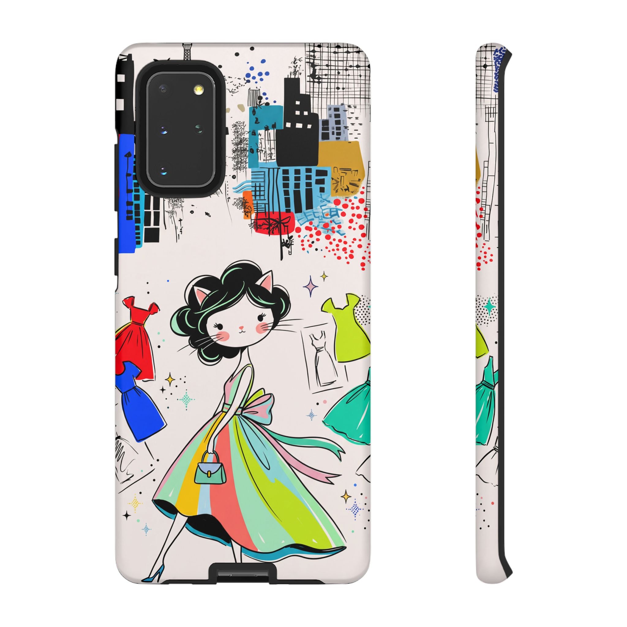 Retro Fashion Cat Girl Samsung Galaxy Phone Case | Cute Dress & City Print