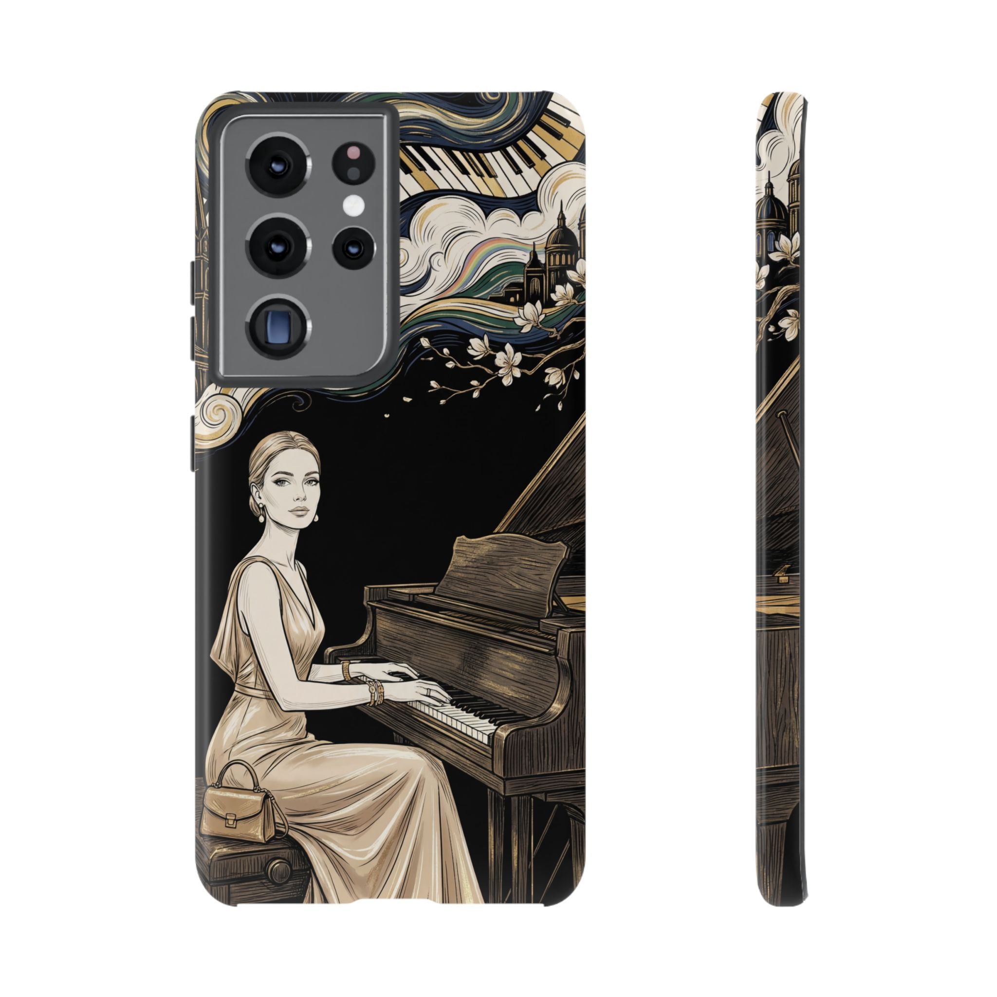 Elegant Piano Woman Samsung Galaxy Phone Case | Vintage Art Deco Music Design