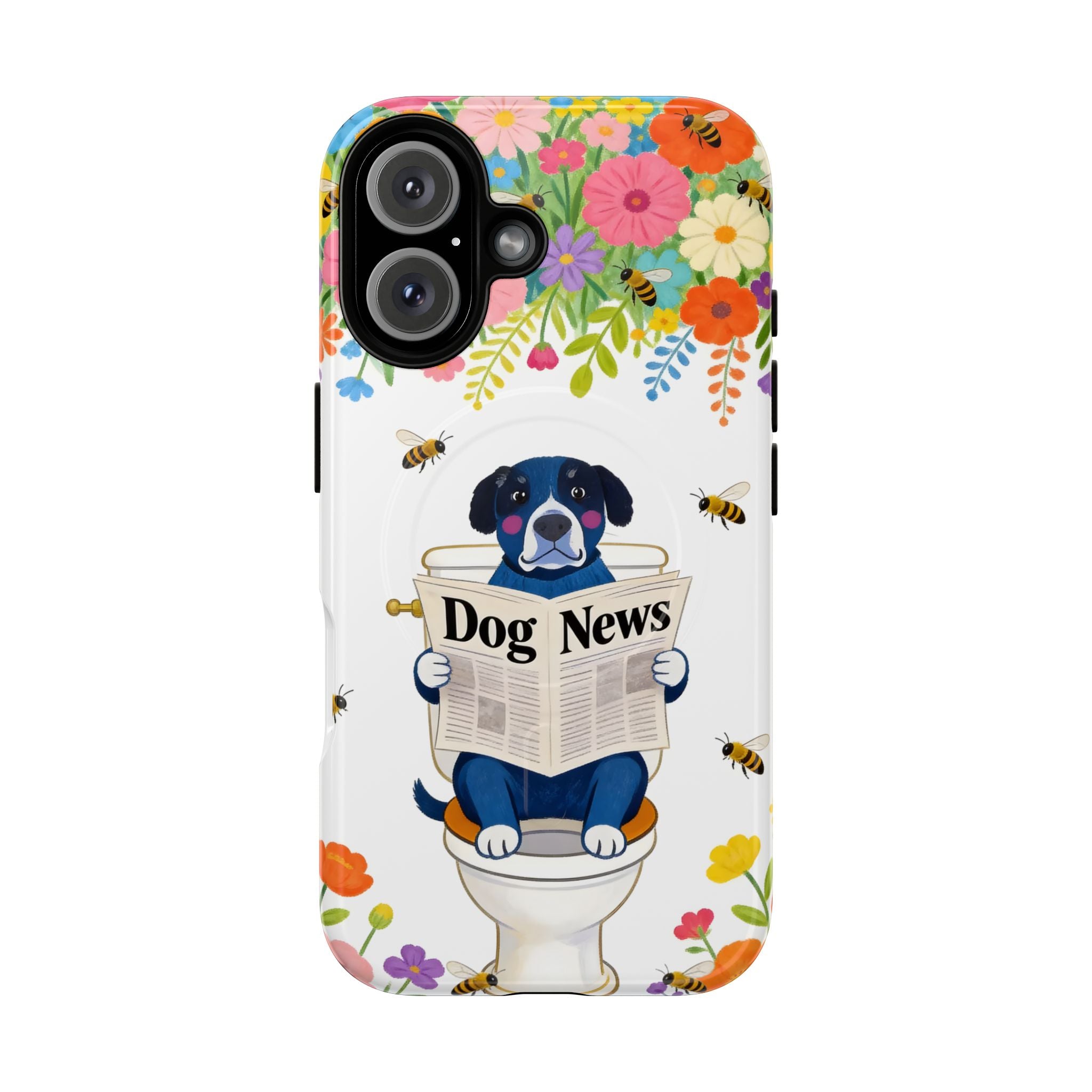 Dog News Floral MagSafe iPhone Case | Cute Dog on Toilet Pattern, Spring Floral iPhone Cover