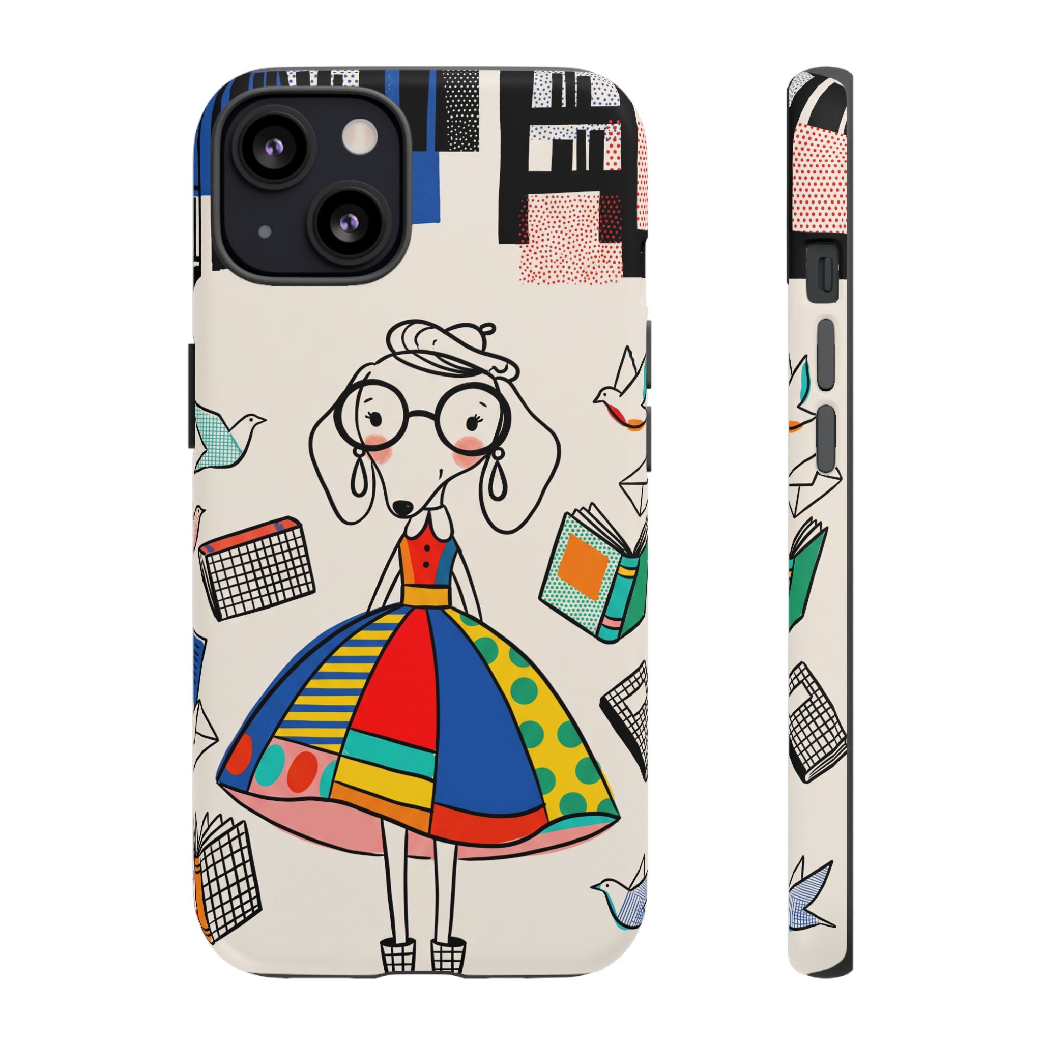 Cute Dachshund Dog Illustration iPhone Case | Colorful Whimsical Book & Bird Design