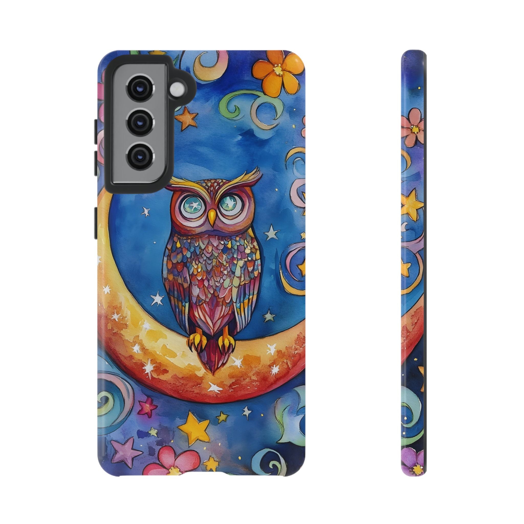 Owl on Crescent Moon Samsung Galaxy Case — Colourful Whimsical Night Sky Design